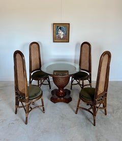 Mesa de comedor de centro de junco tejido + piel sintética después de Tommy Bahama Tablero de cristal de 36