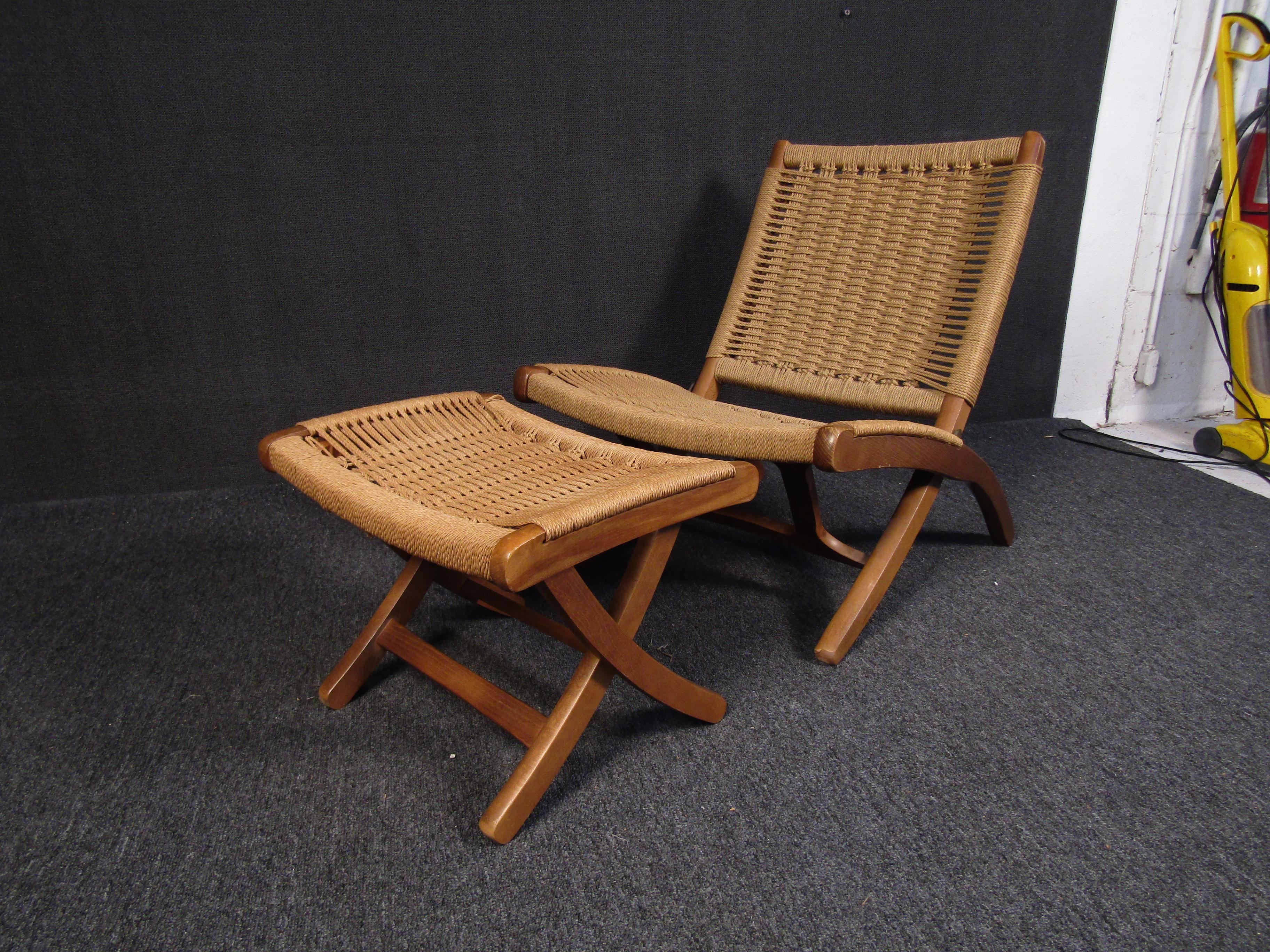 Mid-Century Modern Woven Rope Chair with Ottoman