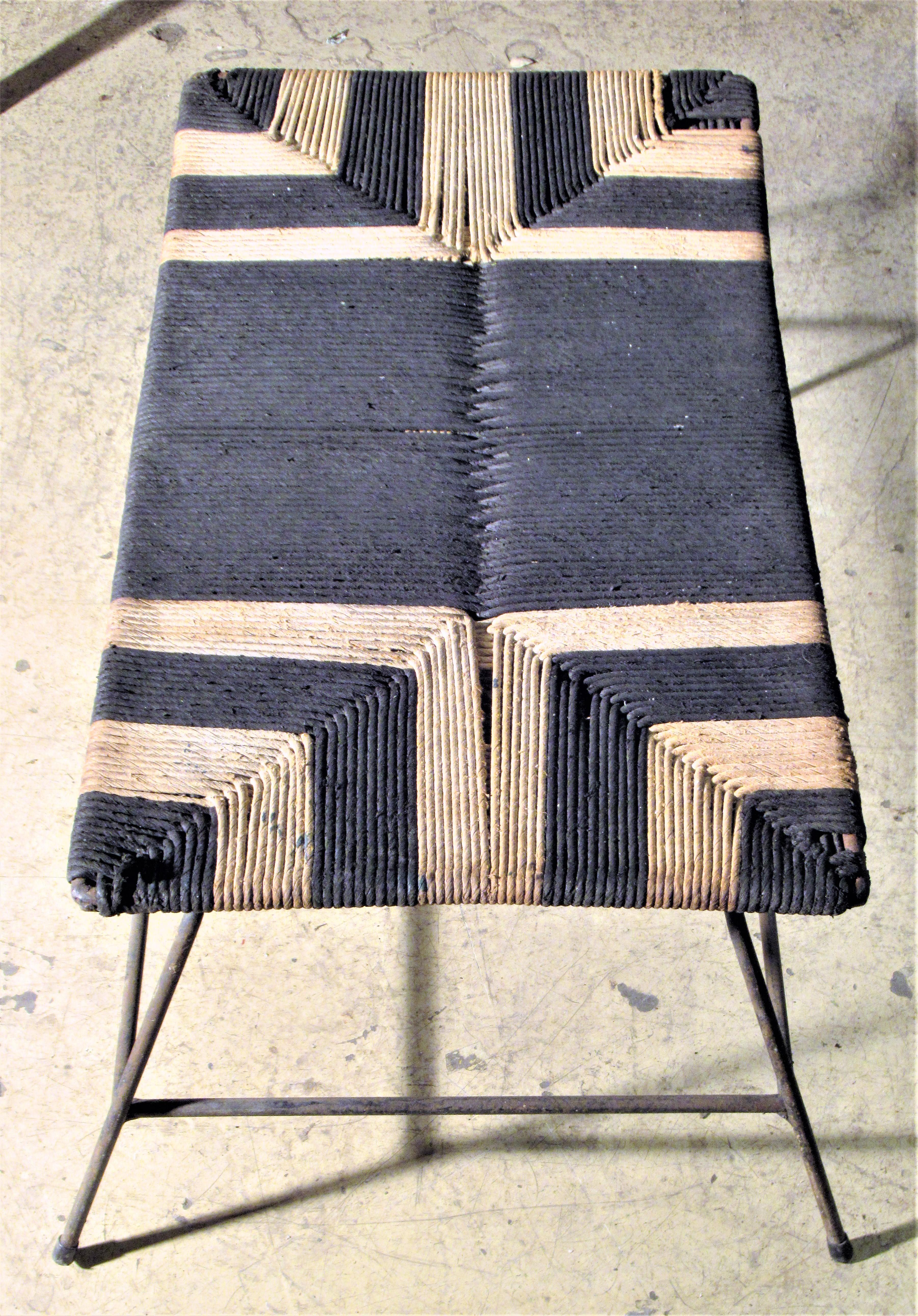 Fabric  Woven Rope Seat Iron Stool, 1950's