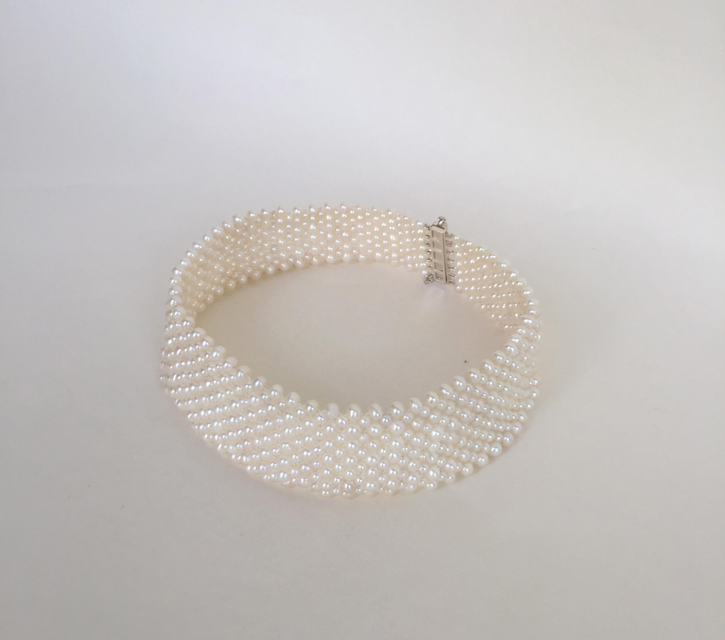 Woven Round White Pearl Wide Choker with Sterling Silver Sliding Clasp 5