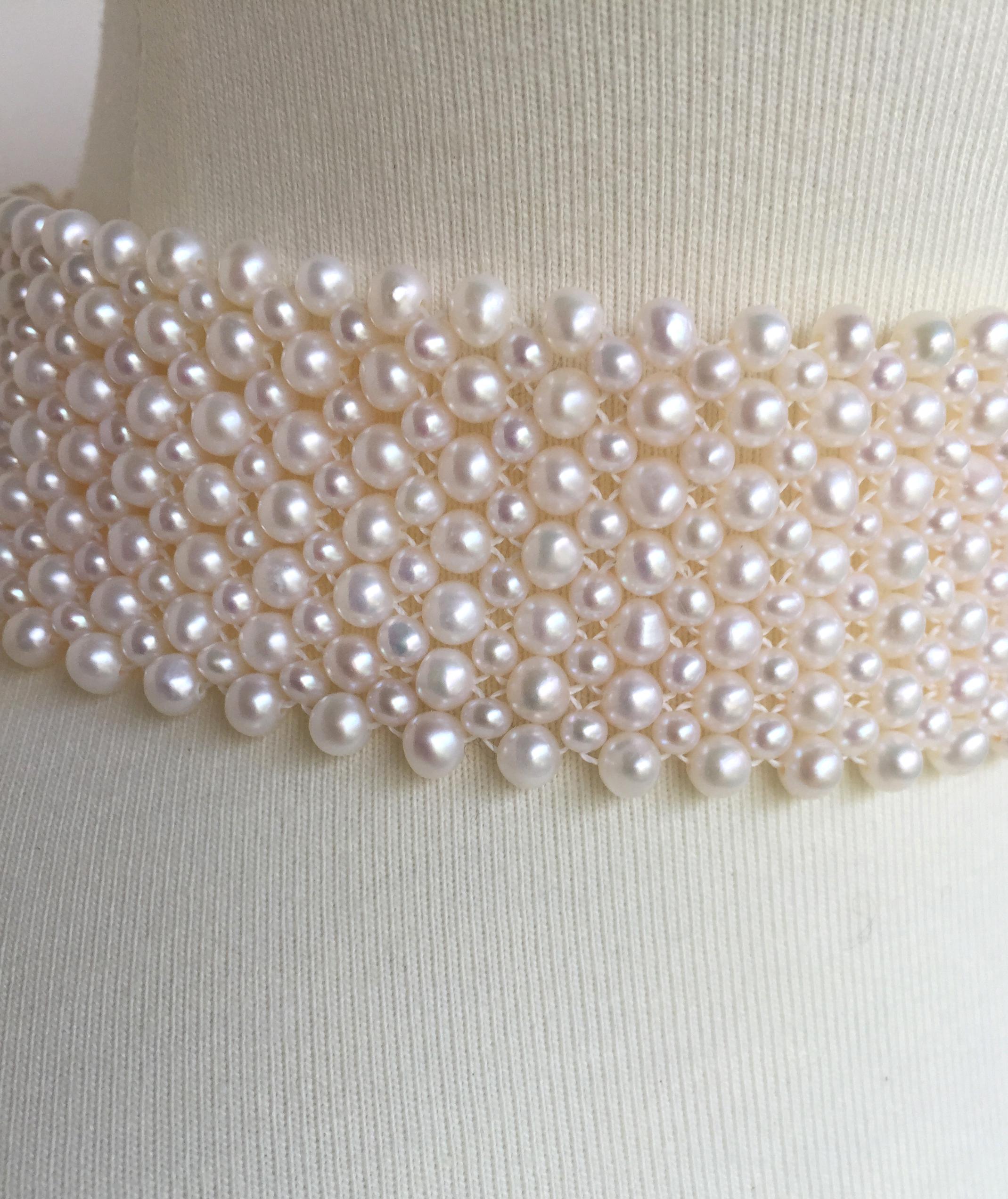 Artist Woven Round White Pearl Wide Choker with Sterling Silver Sliding Clasp