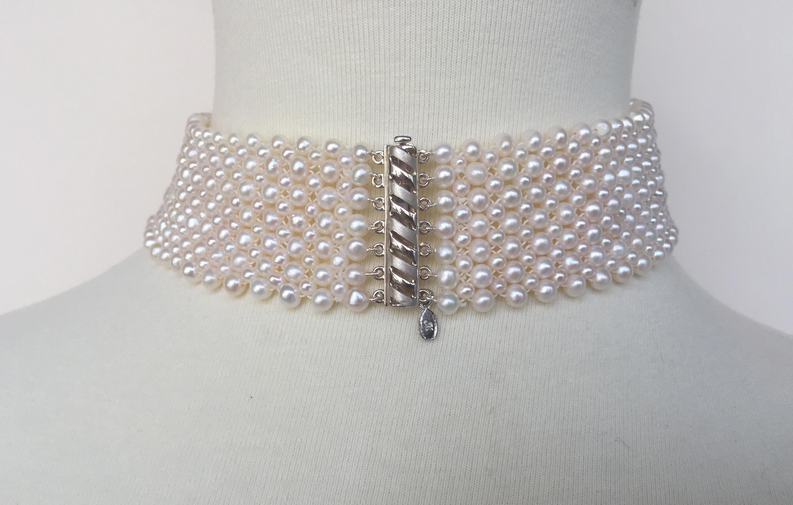 Woven Round White Pearl Wide Choker with Sterling Silver Sliding Clasp In New Condition In Los Angeles, CA