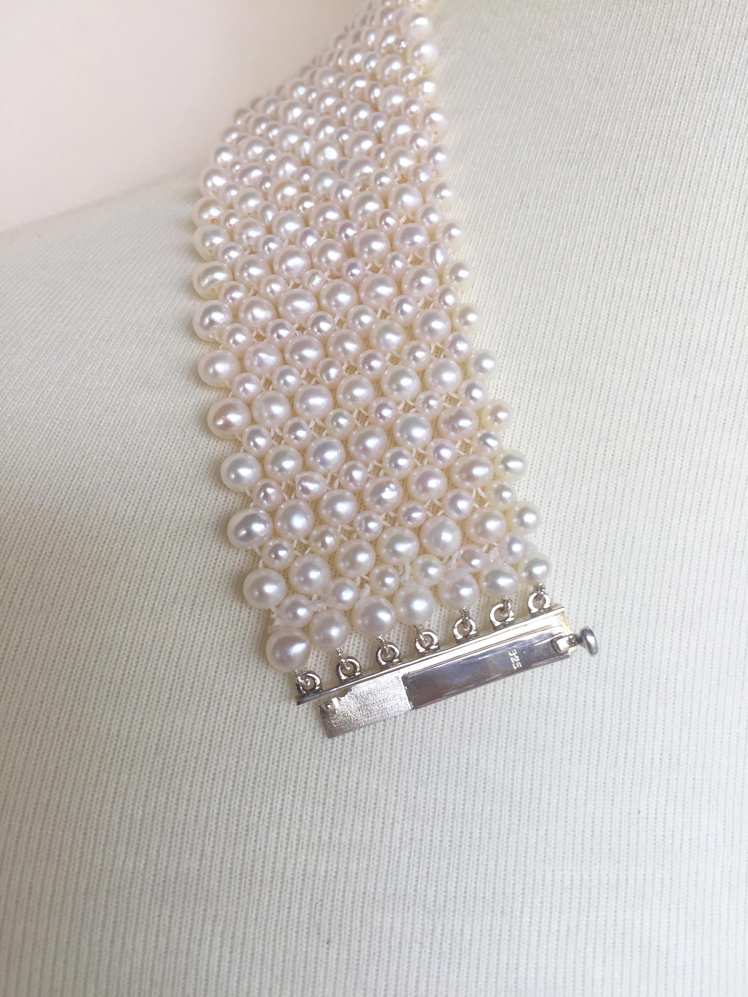 Woven Round White Pearl Wide Choker with Sterling Silver Sliding Clasp 1