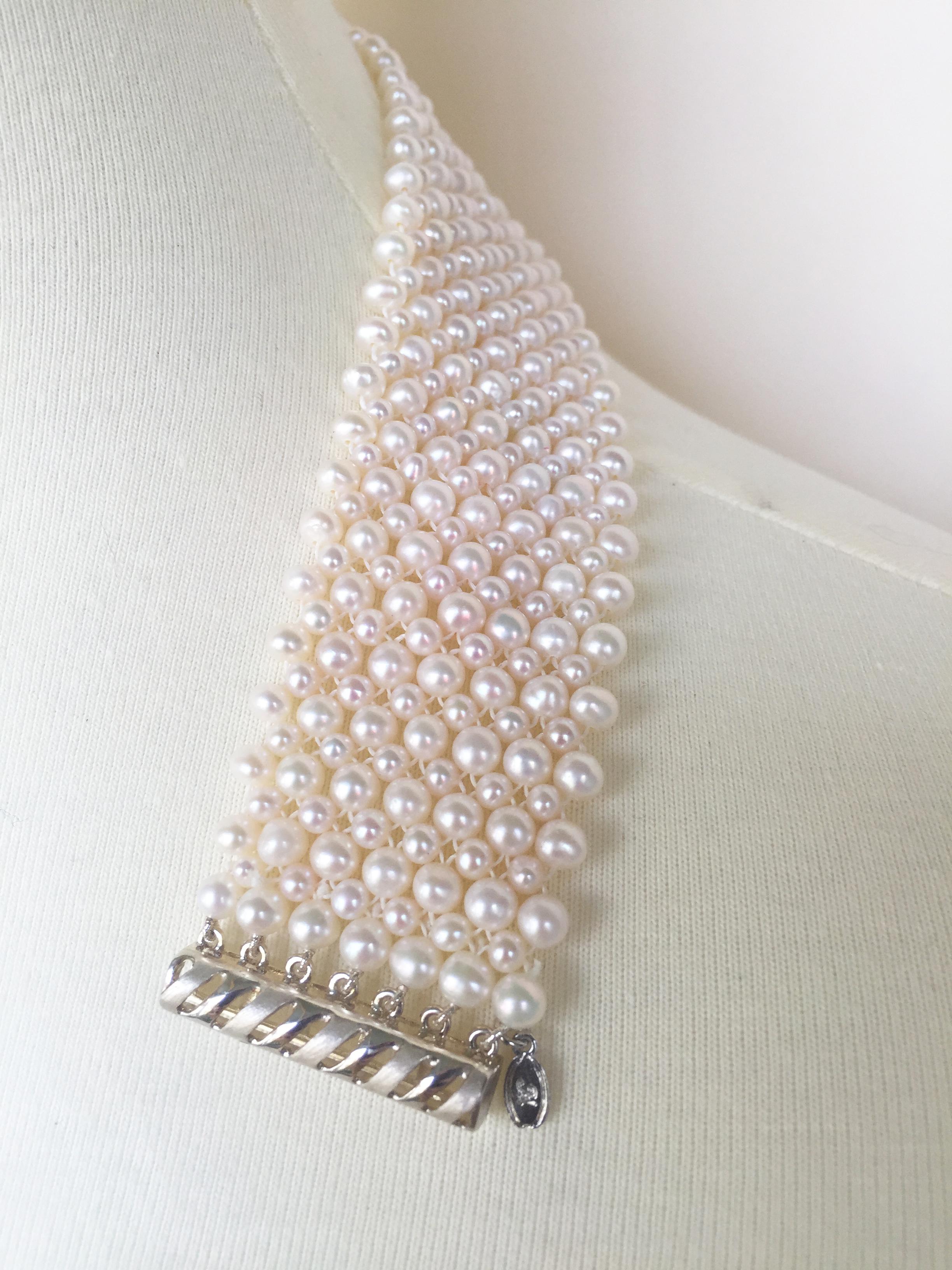 Woven Round White Pearl Wide Choker with Sterling Silver Sliding Clasp 2