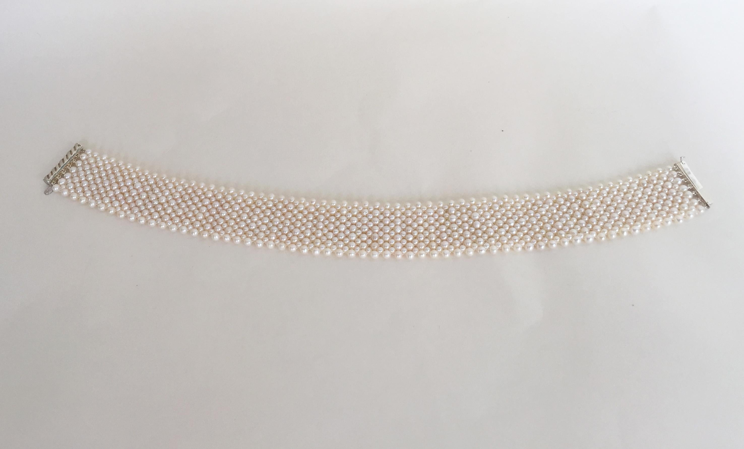 Woven Round White Pearl Wide Choker with Sterling Silver Sliding Clasp 3