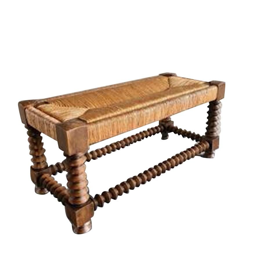 1950's French woven rush seat with spindle design oak legs bench
Designed by Victor Courtray
Seat is removable.
 