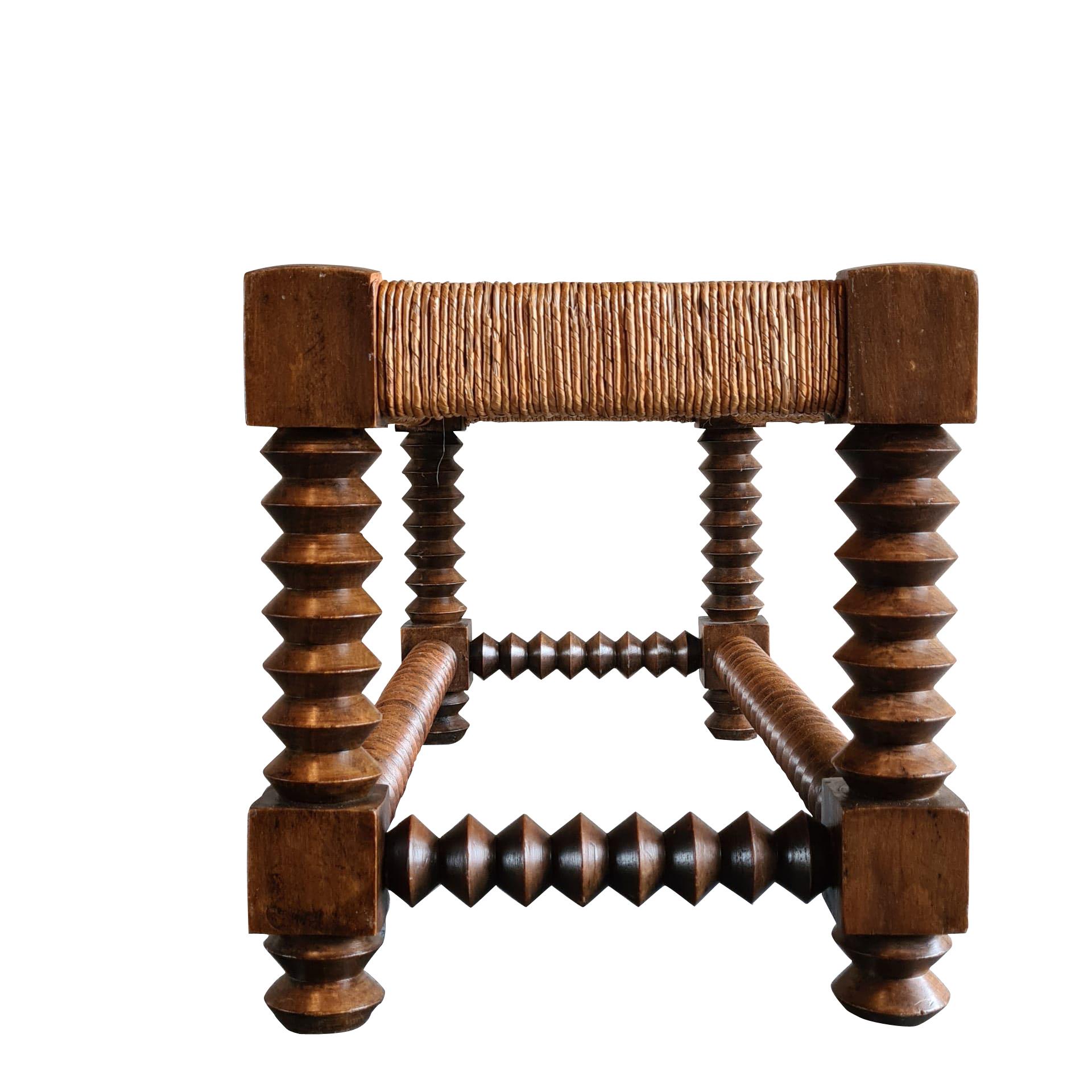 French Woven Rush and Oak Bench by Victor Courtray, France, 1950s