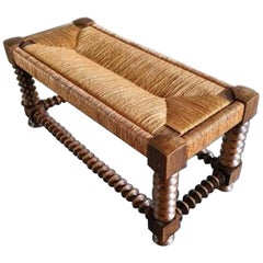 Vintage Woven Rush and Oak Bench by Victor Courtray, France, 1950s