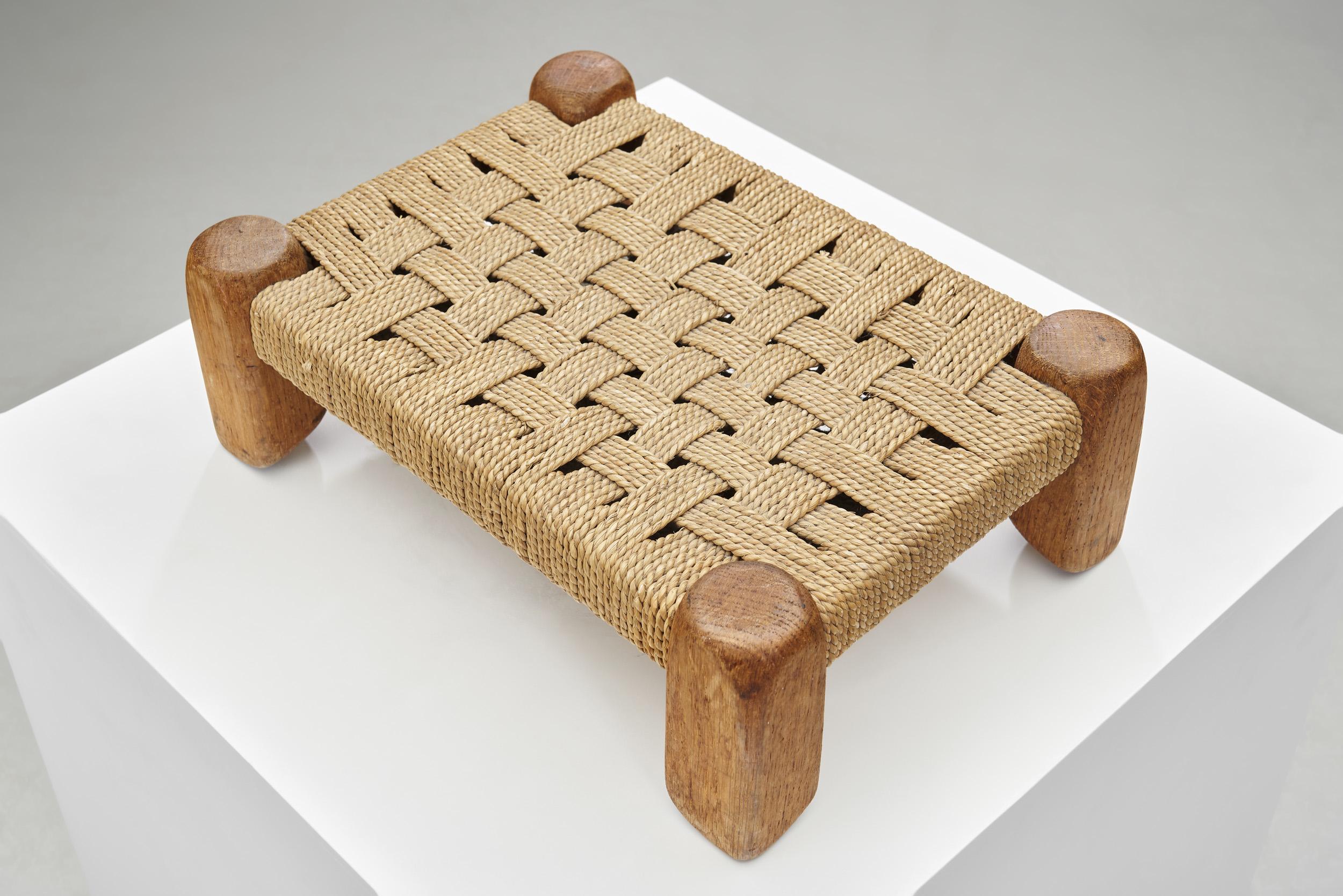 Mid-20th Century Woven Rush and Wood Stool, Europe ca 1950s For Sale