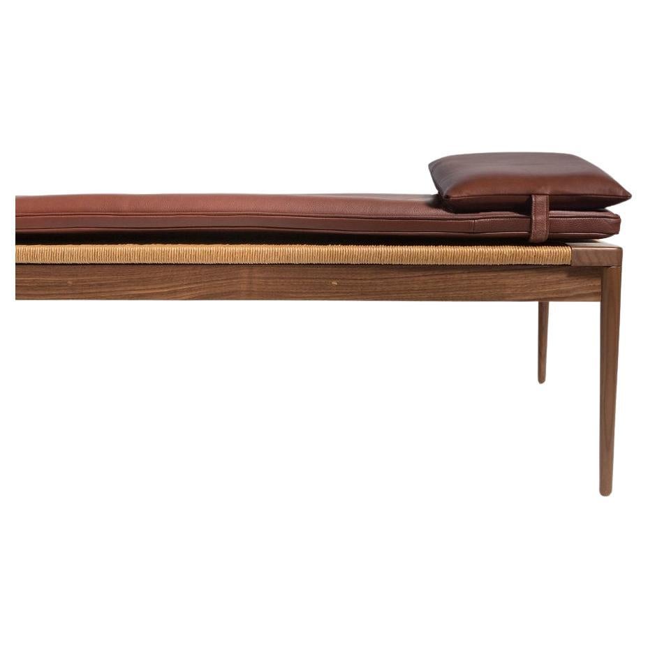 Woven Rush Daybed in Walnut with Leather Pillow and Cushion by Mel Smilow For Sale