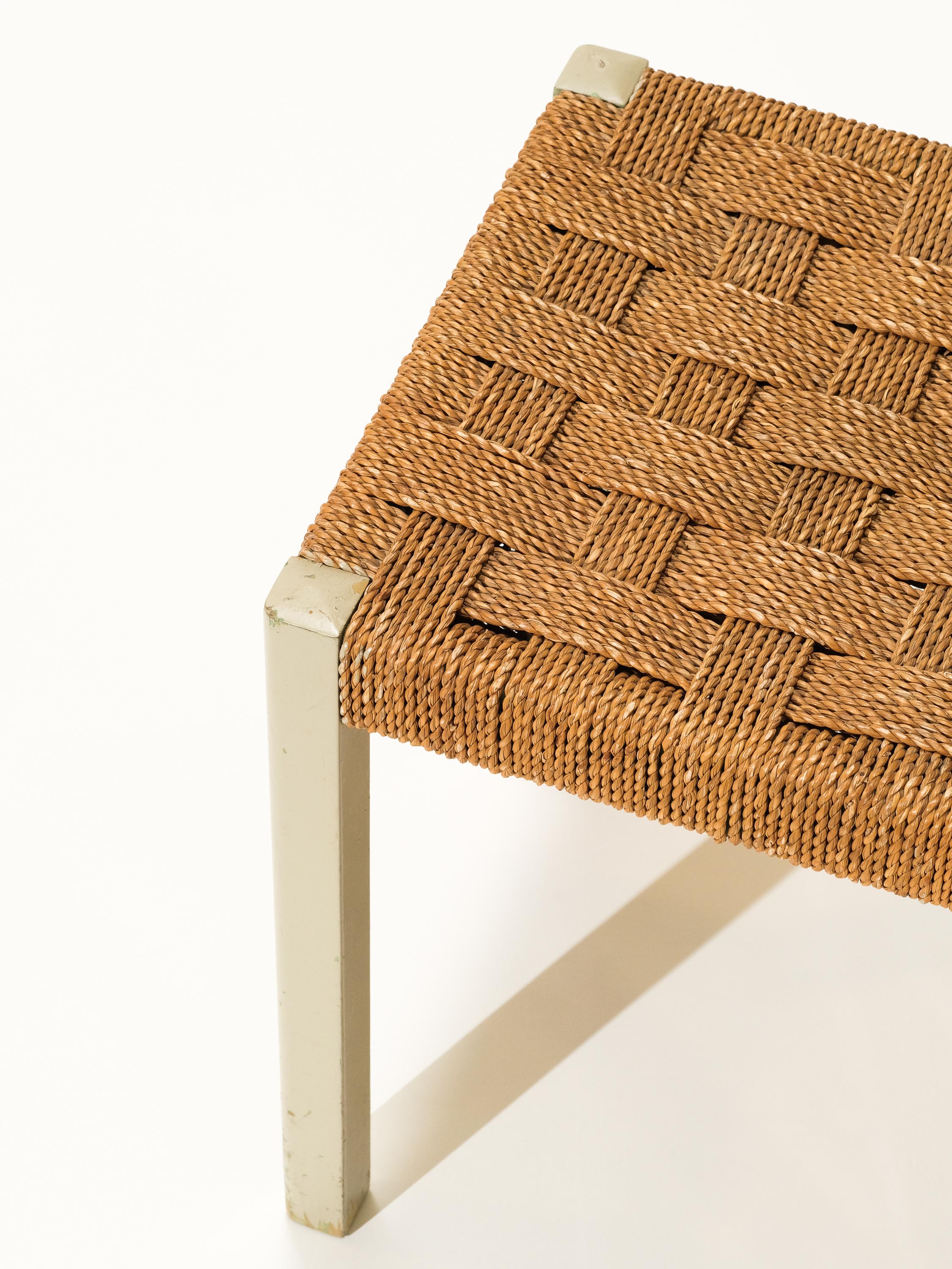 Scandinavian Modern Woven Seagrass and Painted Wood Stool by Axel Larsson for Gemla, Sweden, 1940s For Sale
