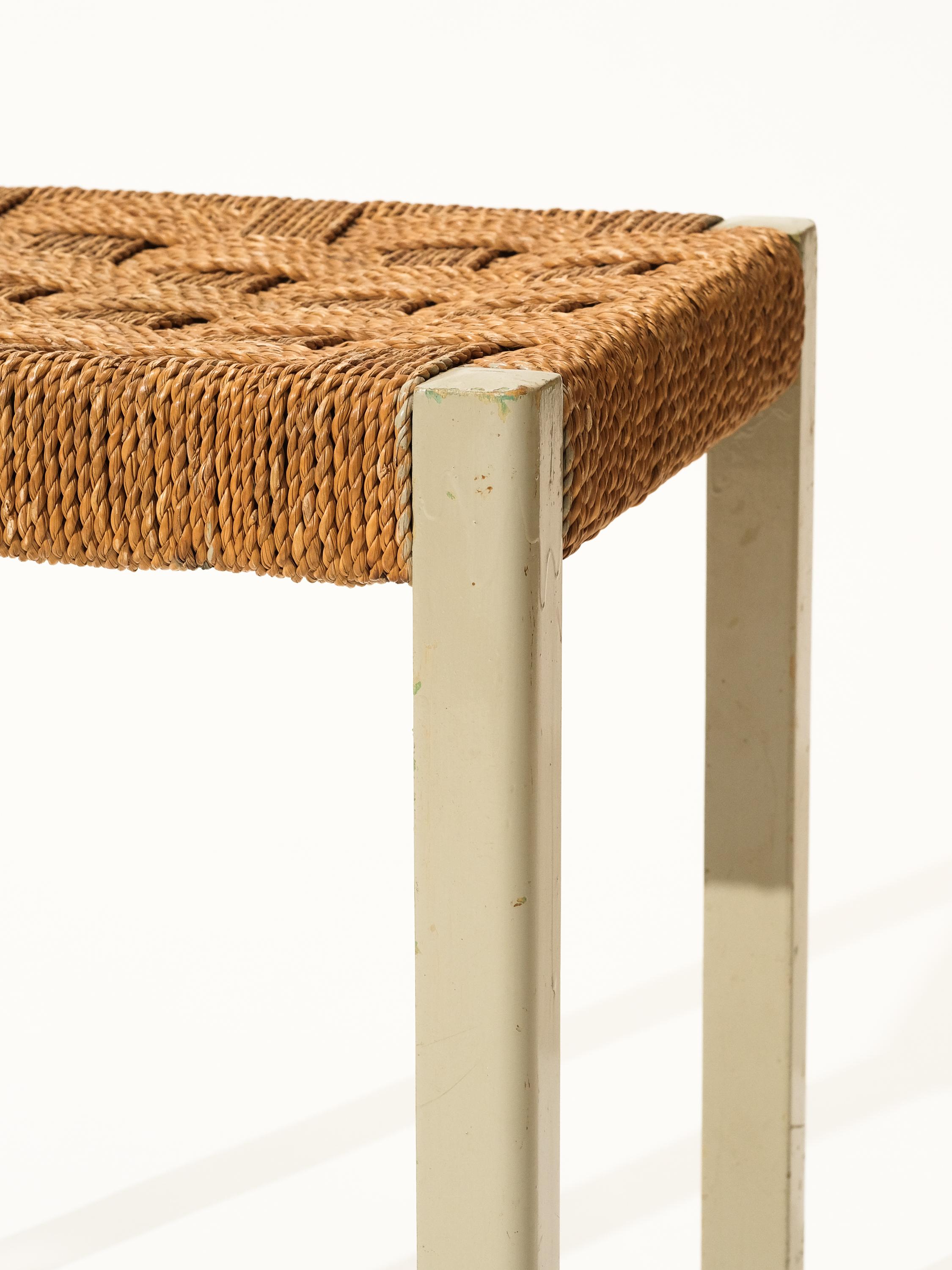 Swedish Woven Seagrass and Painted Wood Stool by Axel Larsson for Gemla, Sweden, 1940s For Sale