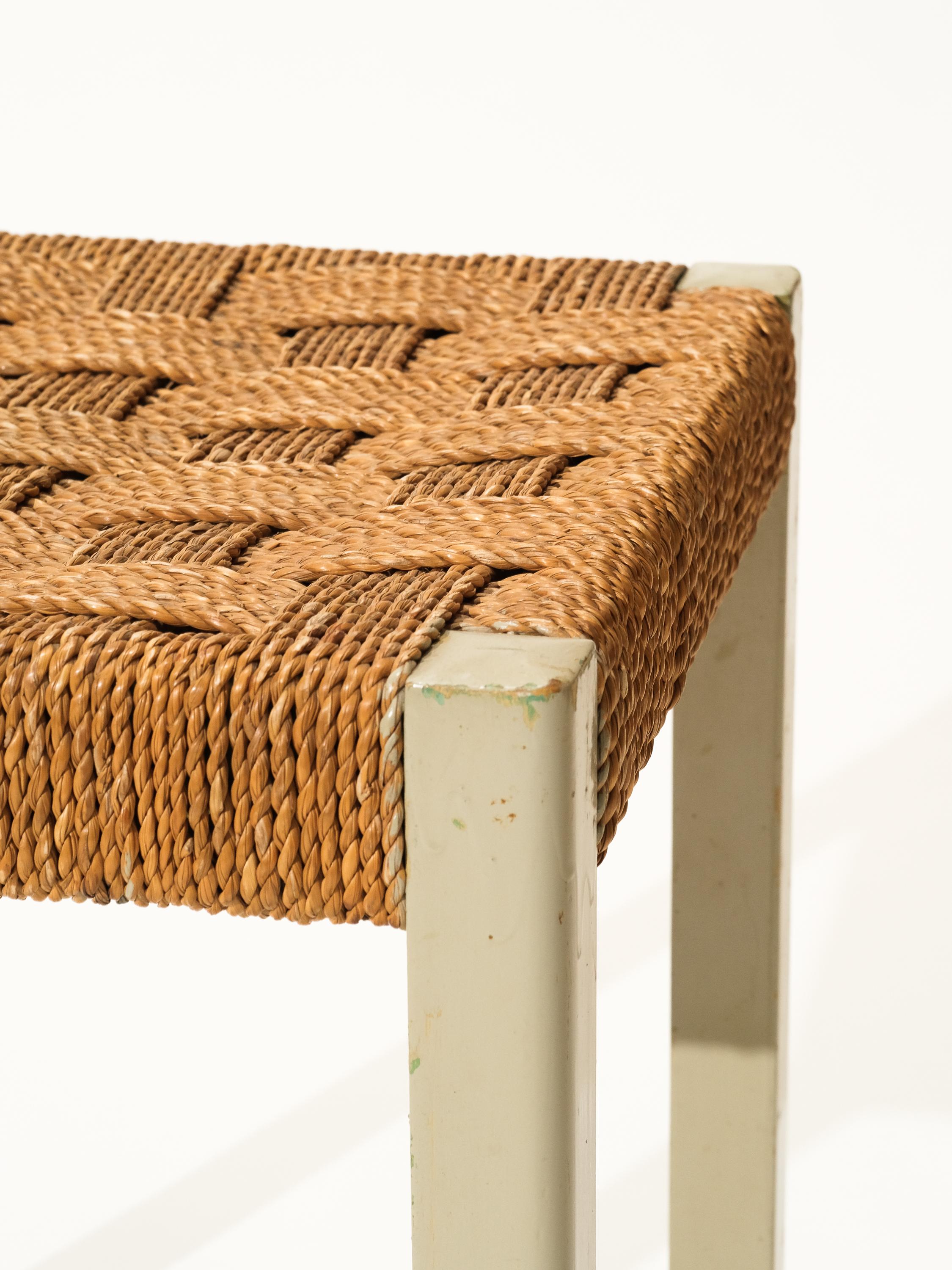 Mid-20th Century Woven Seagrass and Painted Wood Stool by Axel Larsson for Gemla, Sweden, 1940s For Sale