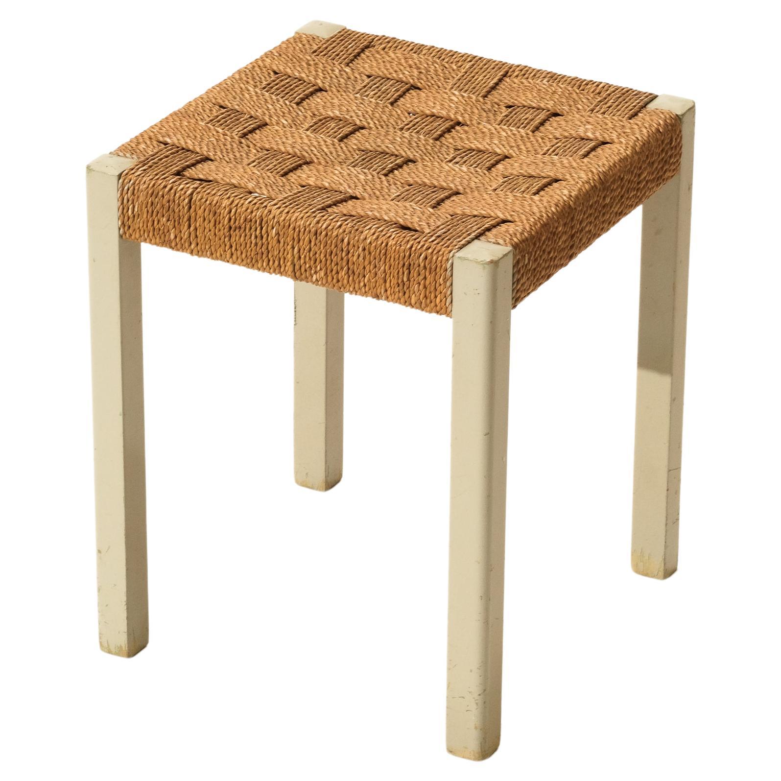 Woven Seagrass and Painted Wood Stool by Axel Larsson for Gemla, Sweden, 1940s For Sale