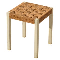 Vintage Woven Seagrass and Painted Wood Stool by Axel Larsson for Gemla, Sweden, 1940s