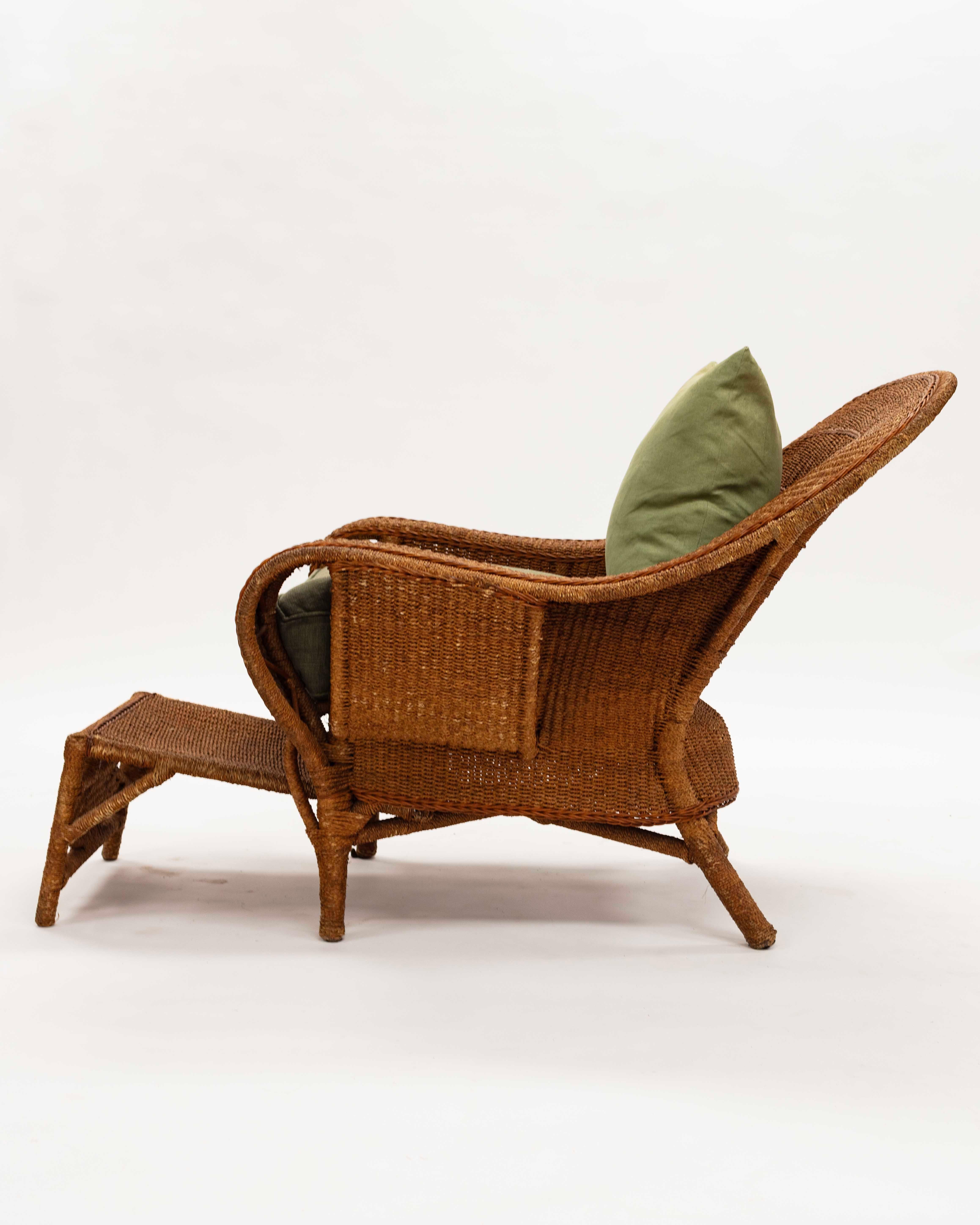 Linen Woven Seagrass Large Chair and Ottoman For Sale