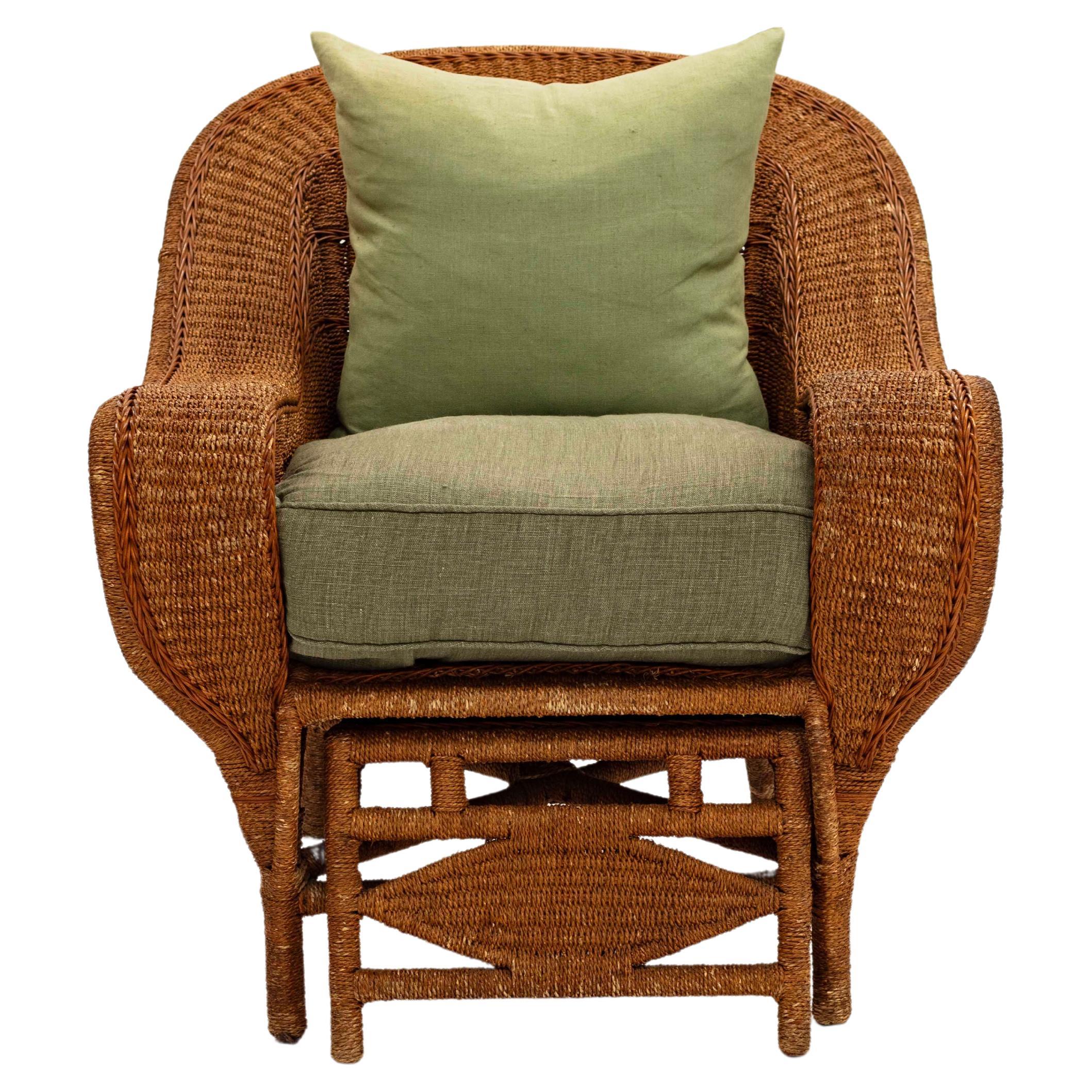 Woven Seagrass Large Chair and Ottoman For Sale