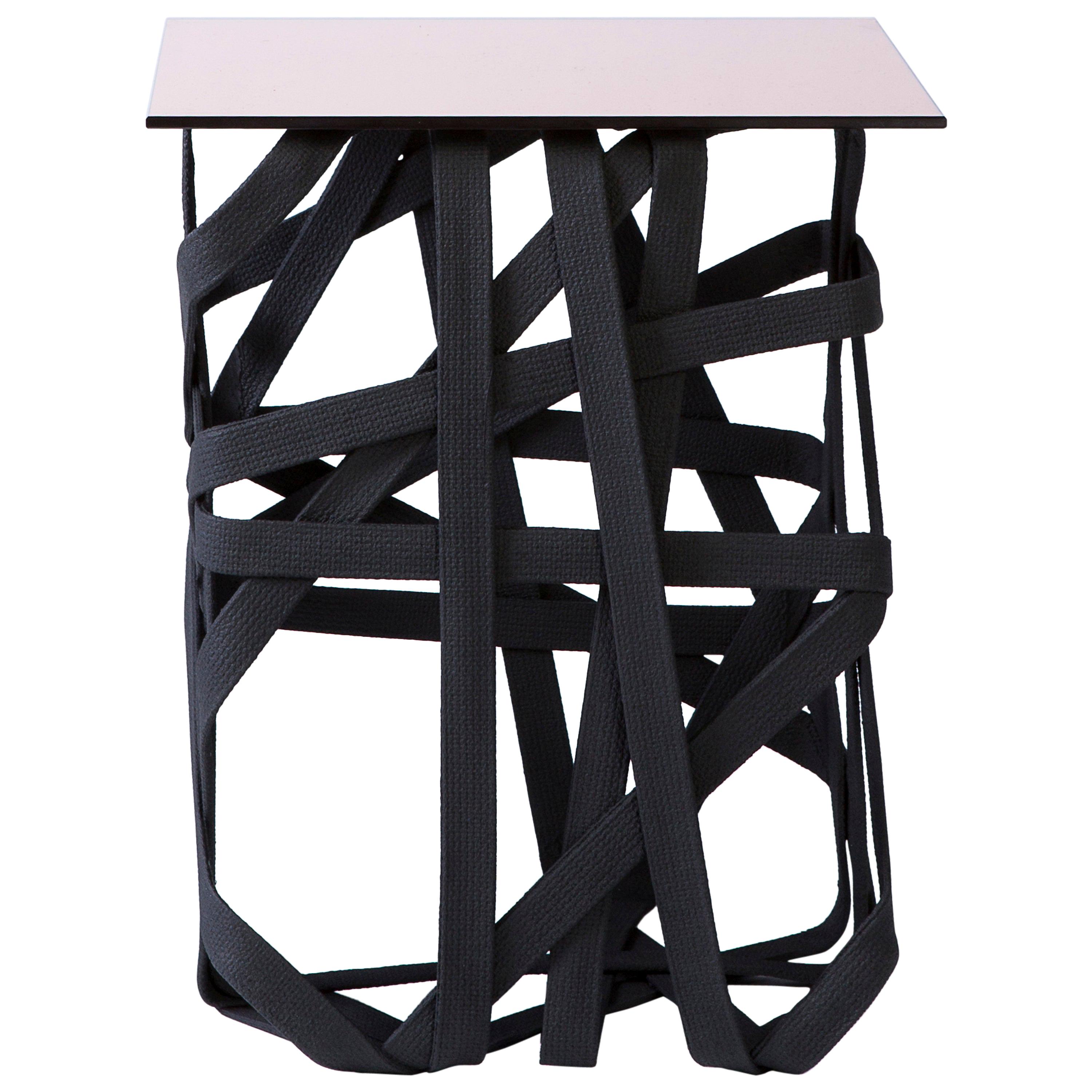 Contemporary Side Table, Solidified Black Cotton Base, Rose-Gold Mirror Surface