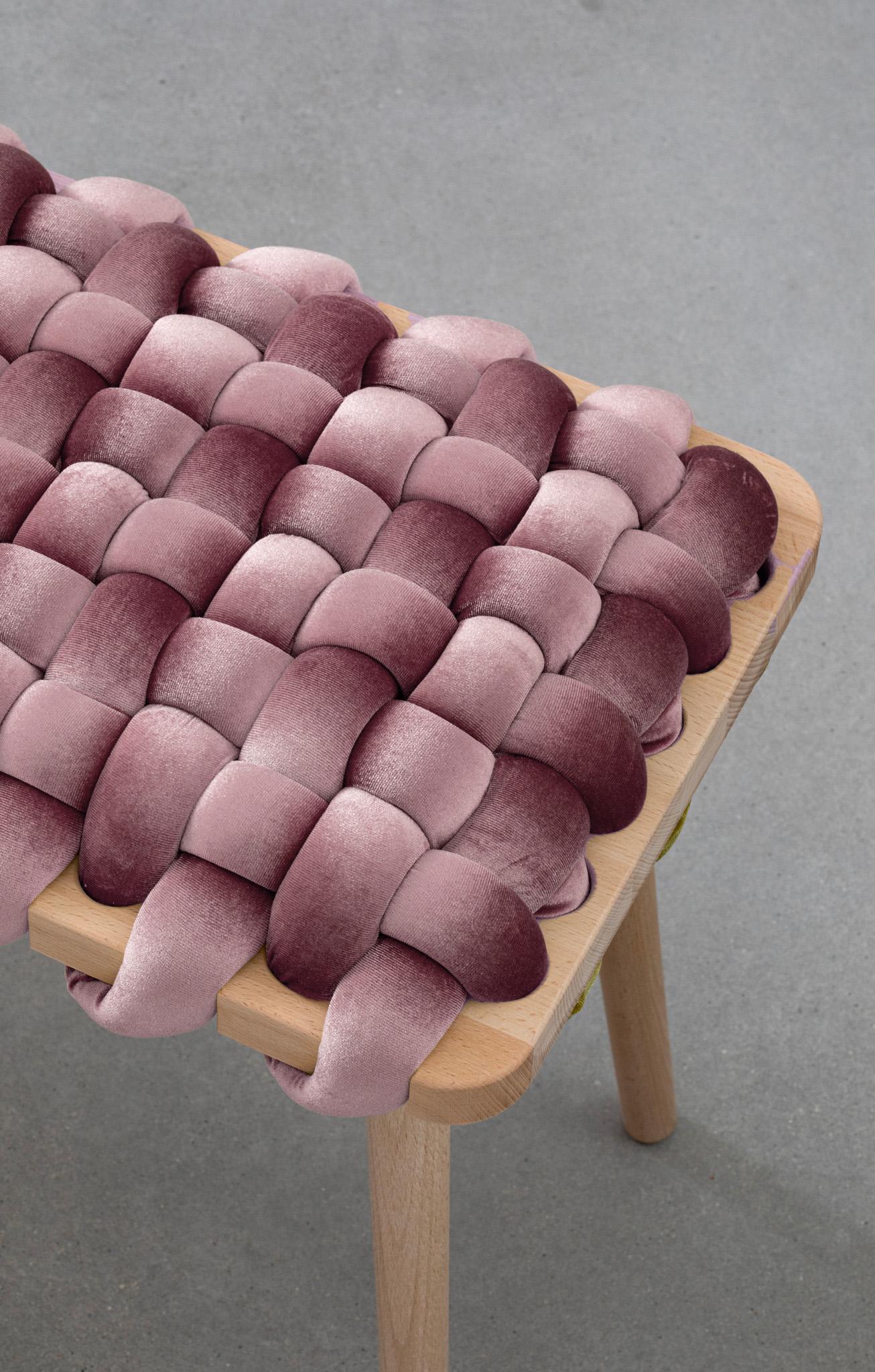 Asian Woven stool in Mauve velvet For Sale
