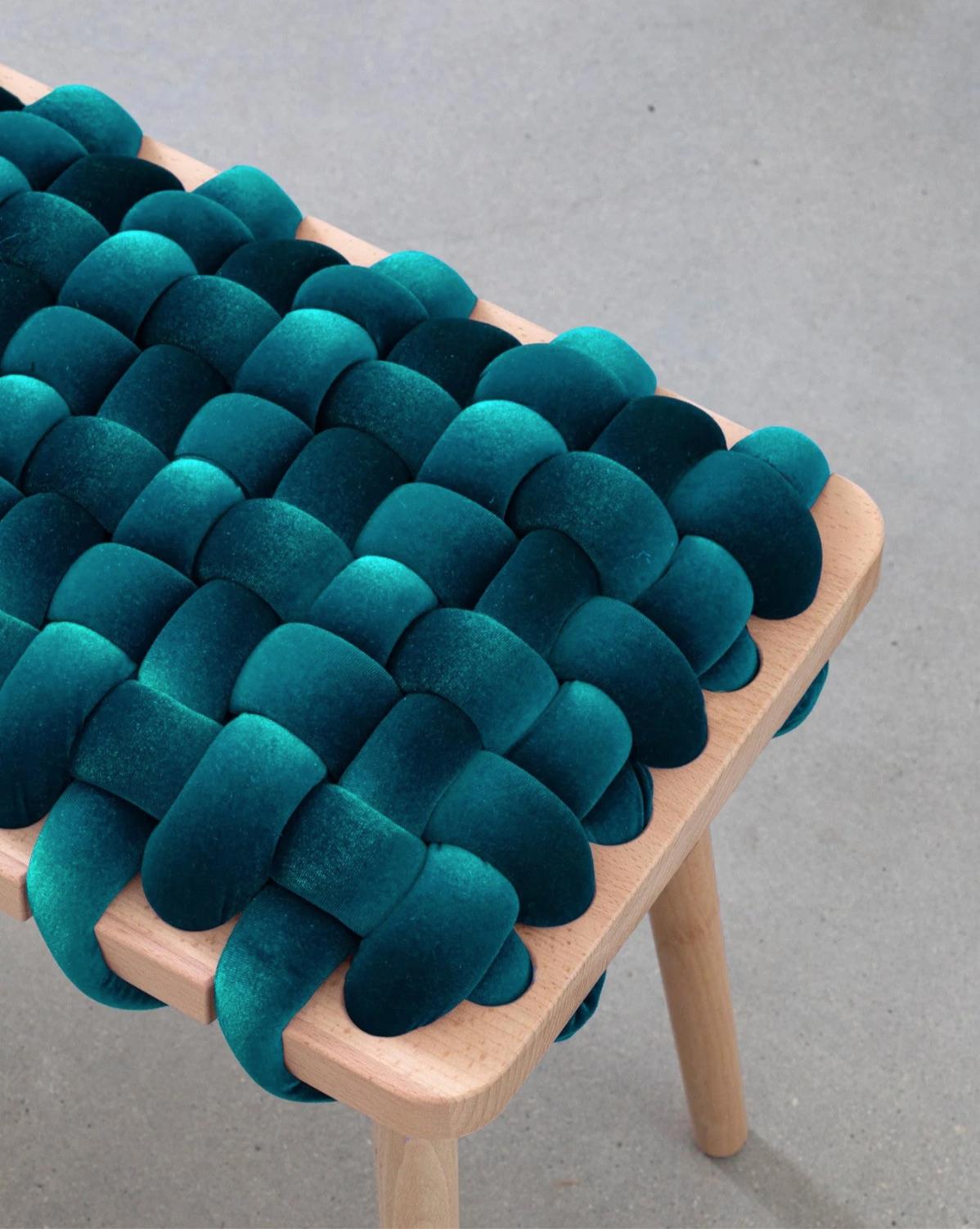 Modern Woven stool in Petrol velvet For Sale