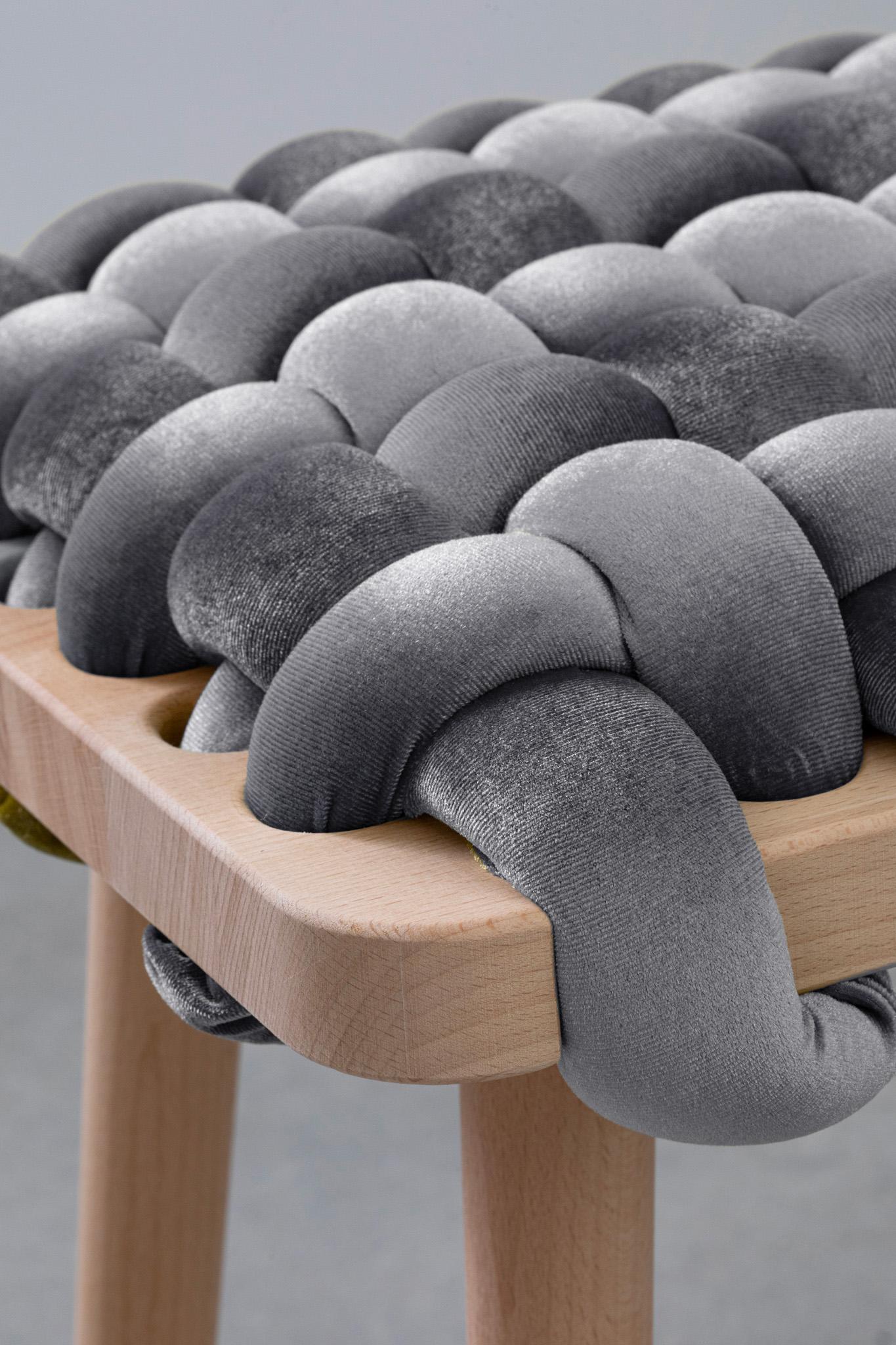 Asian Woven stool in Sterling Grey velvet For Sale