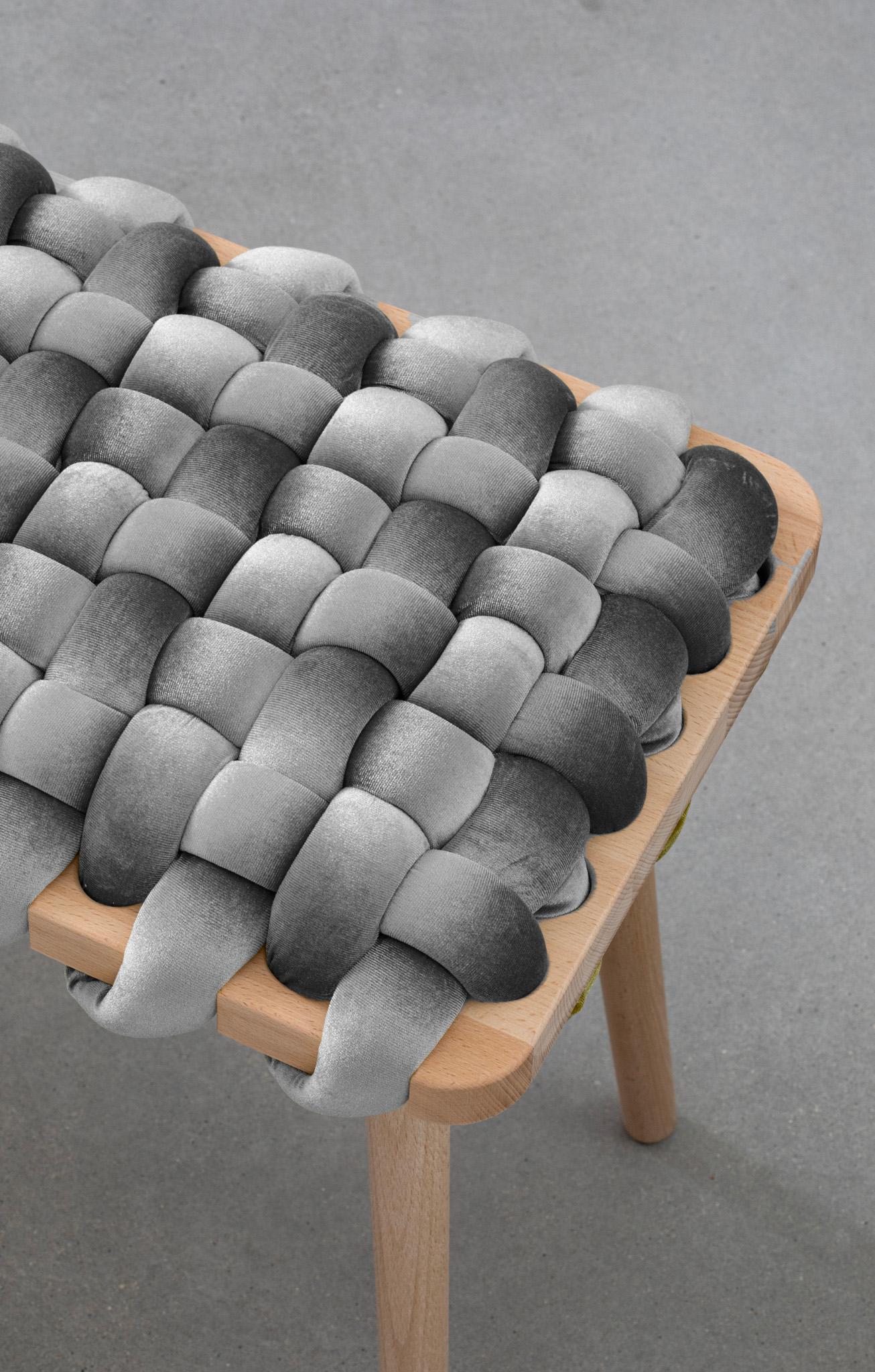 Woven stool in Sterling Grey velvet In New Condition For Sale In Tel Aviv, IL