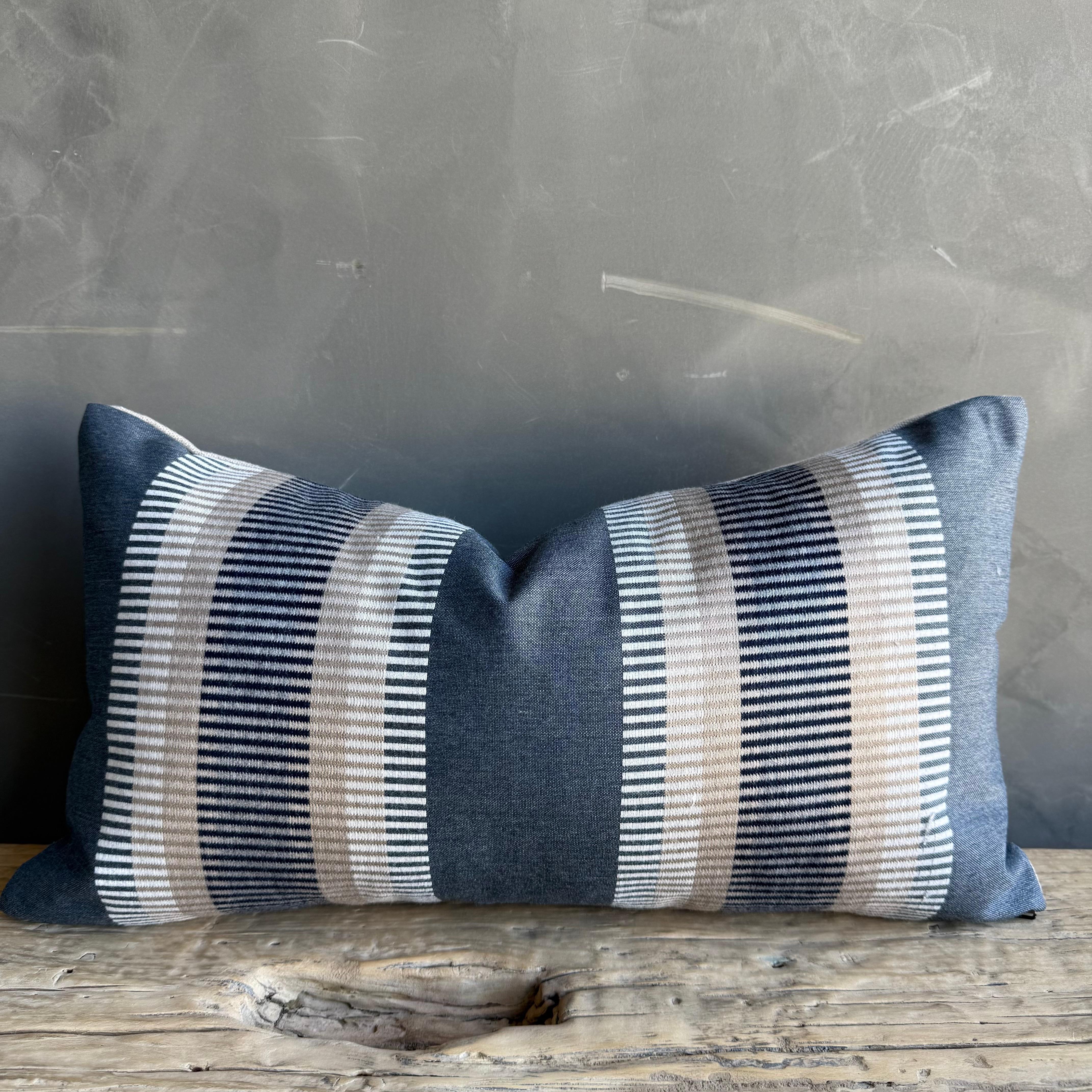 Organic Modern Woven Stripe Linen Pillow with Insert For Sale