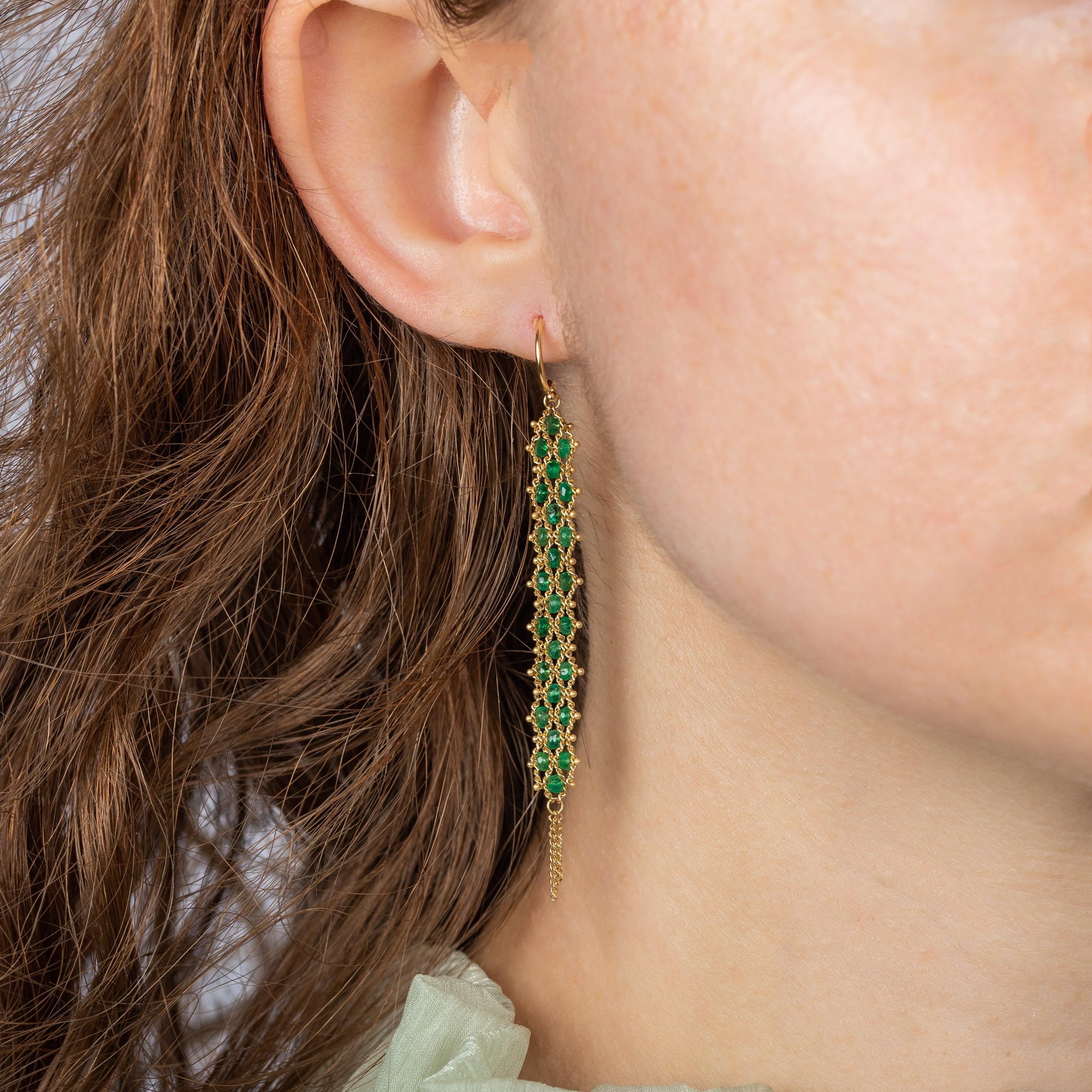 Bead Woven Textile Earrings in Emerald For Sale