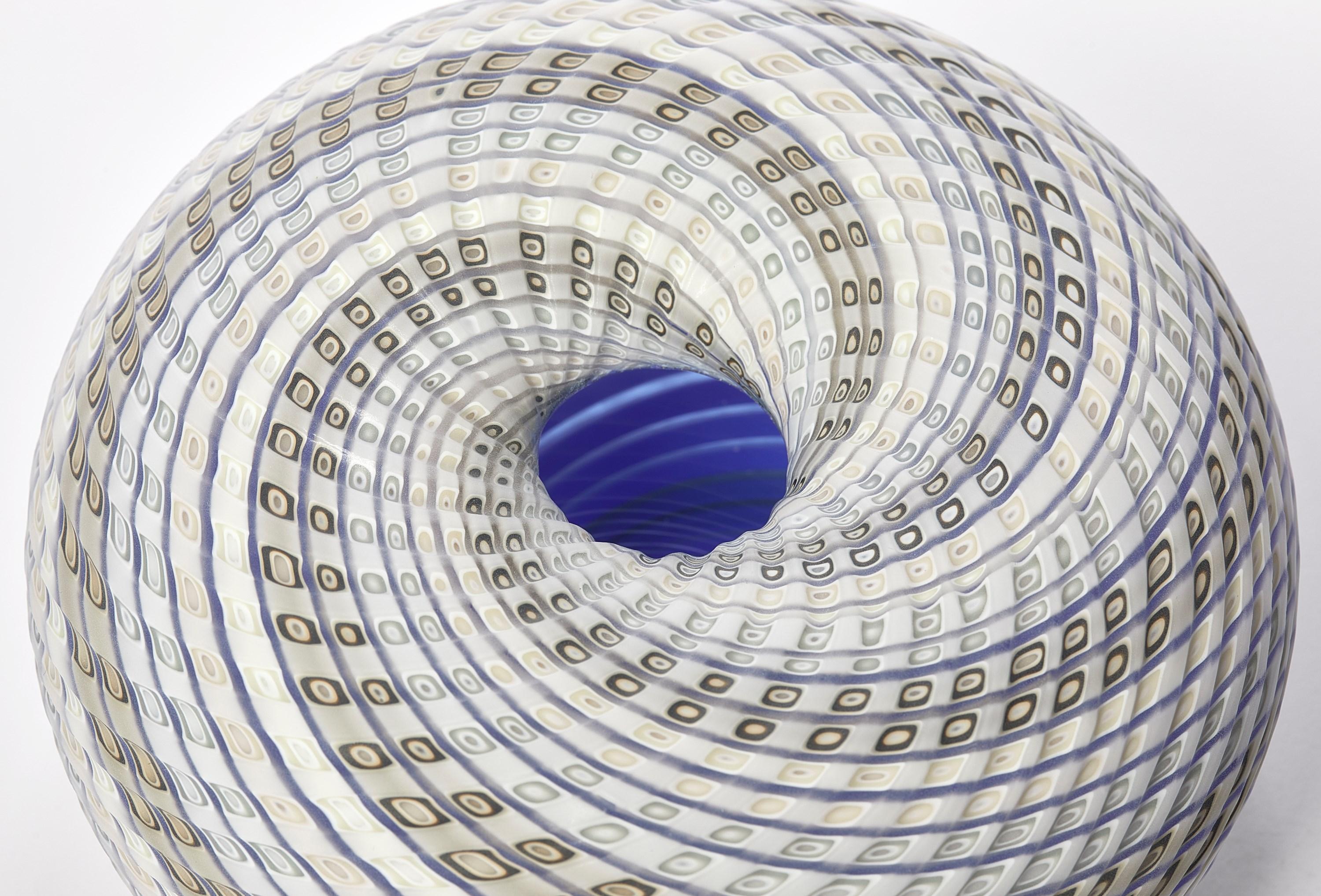 Organic Modern Woven Three Tone Blue Basket, textured glass sculptural object by Layne Rowe For Sale