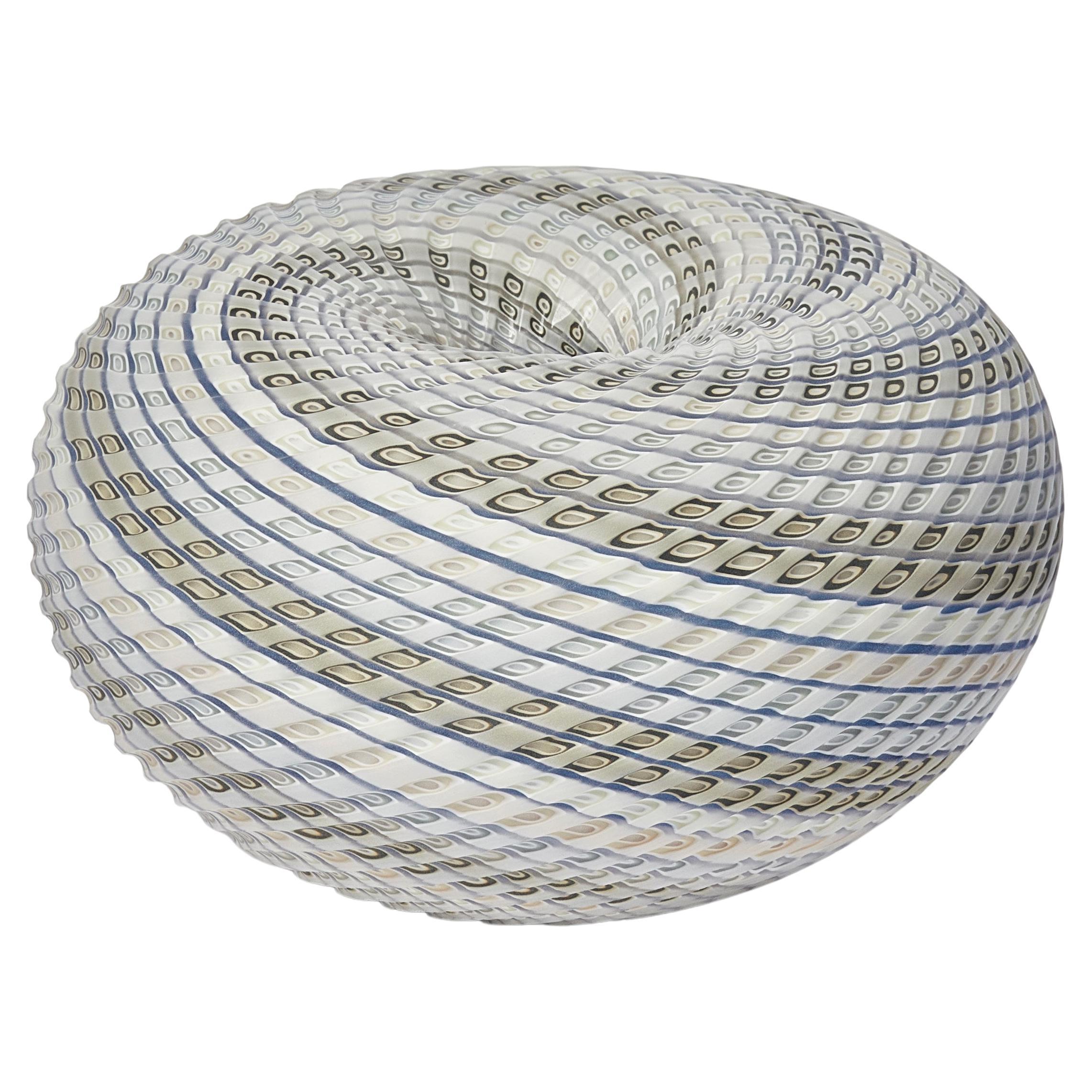 Woven Three Tone Blue Basket, textured glass sculptural object by Layne Rowe For Sale