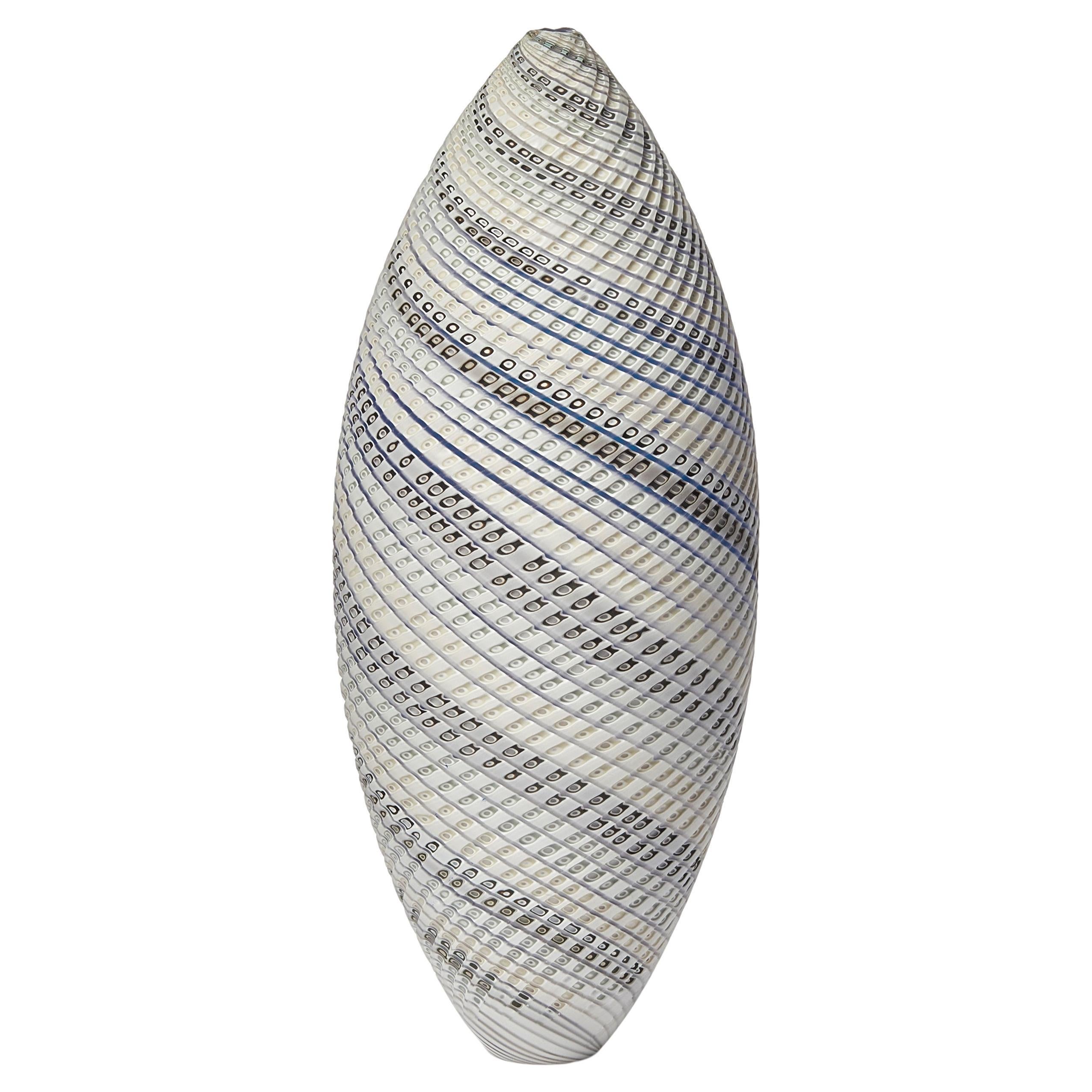 Woven Three Tone Blue Ovoid (lg), textured handblown glass vessel by Layne Rowe