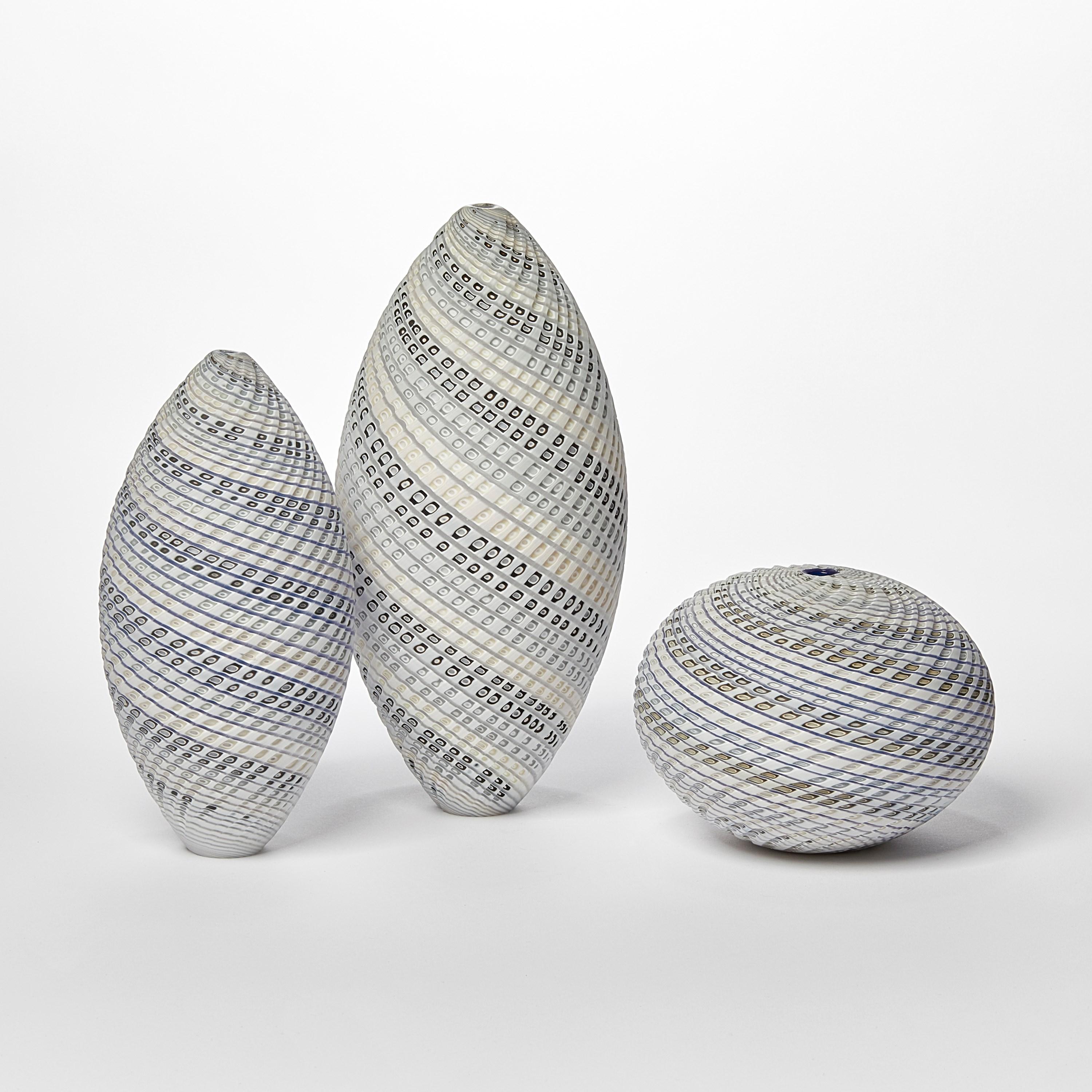 Hand-Crafted Woven Three Tone Blue Ovoid (sm), textured handblown glass vessel by Layne Rowe For Sale