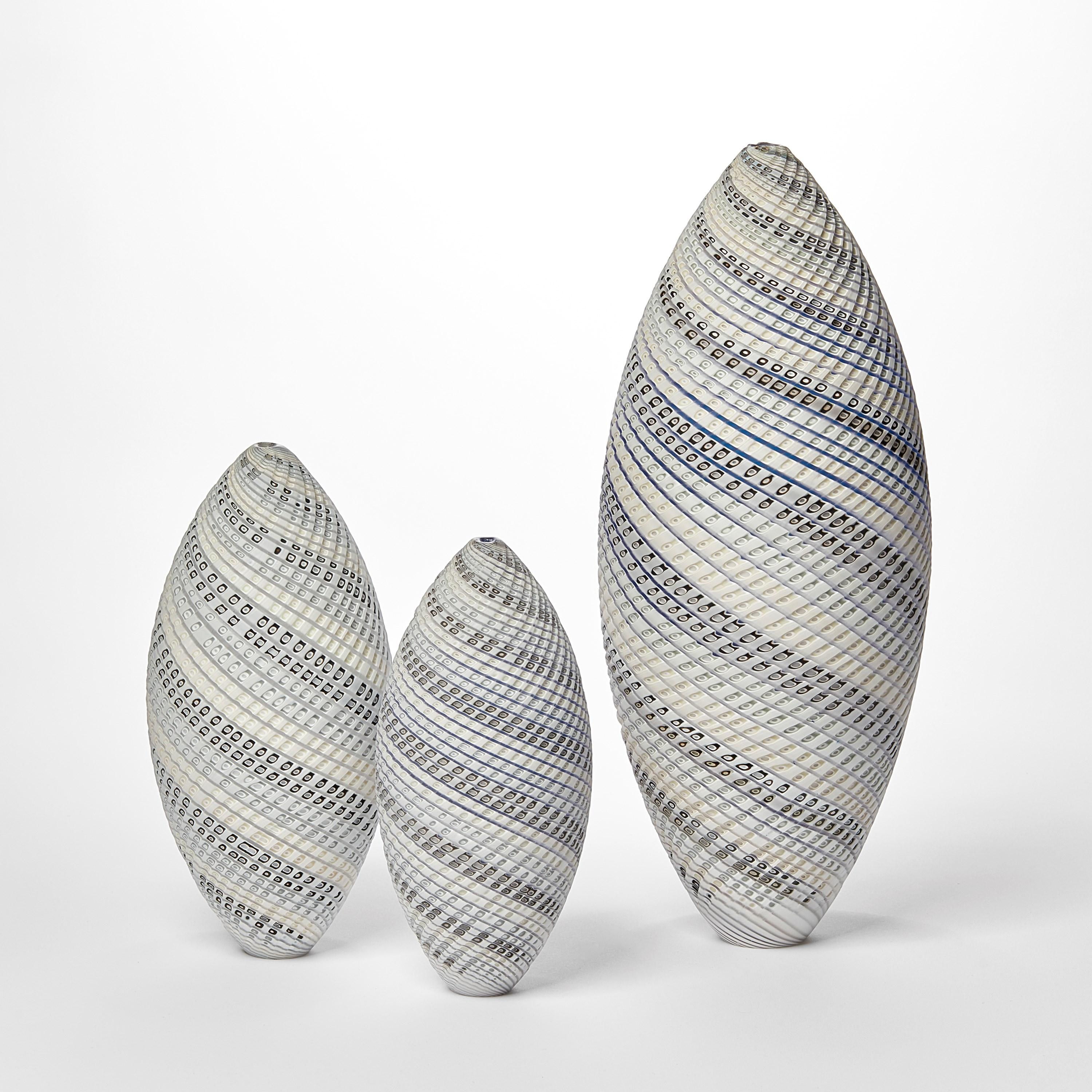 Woven Three Tone Blue Ovoid (sm), textured handblown glass vessel by Layne Rowe In New Condition For Sale In London, GB