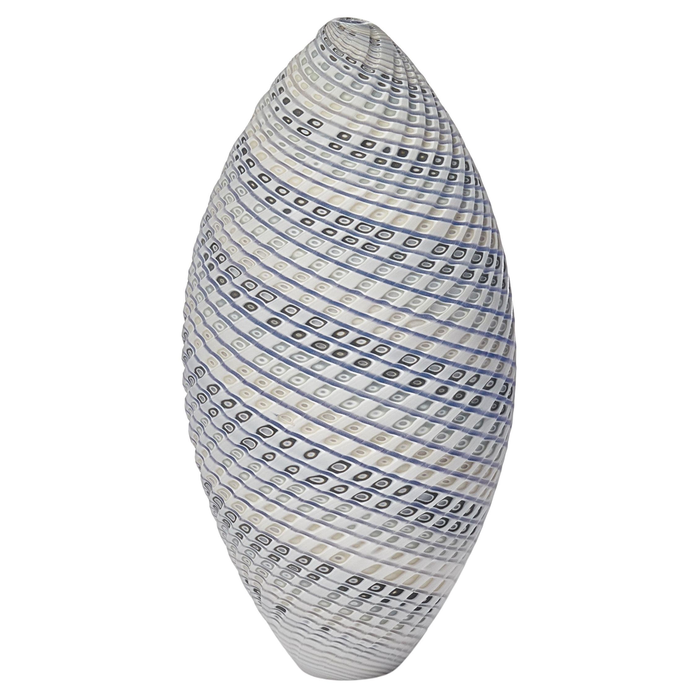 Woven Three Tone Blue Ovoid (sm), textured handblown glass vessel by Layne Rowe For Sale