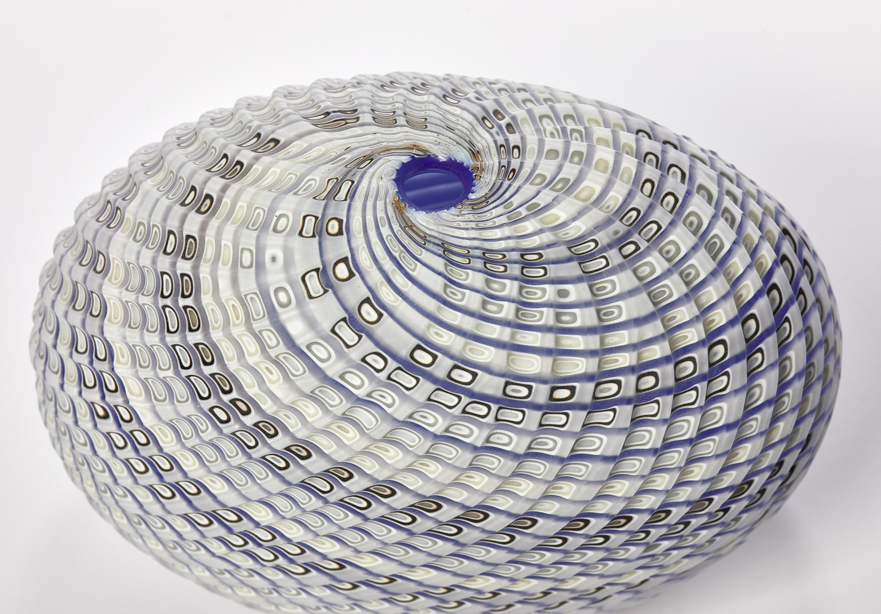Organic Modern Woven Three Tone Blue Pebble, textured glass sculptural object by Layne Rowe For Sale
