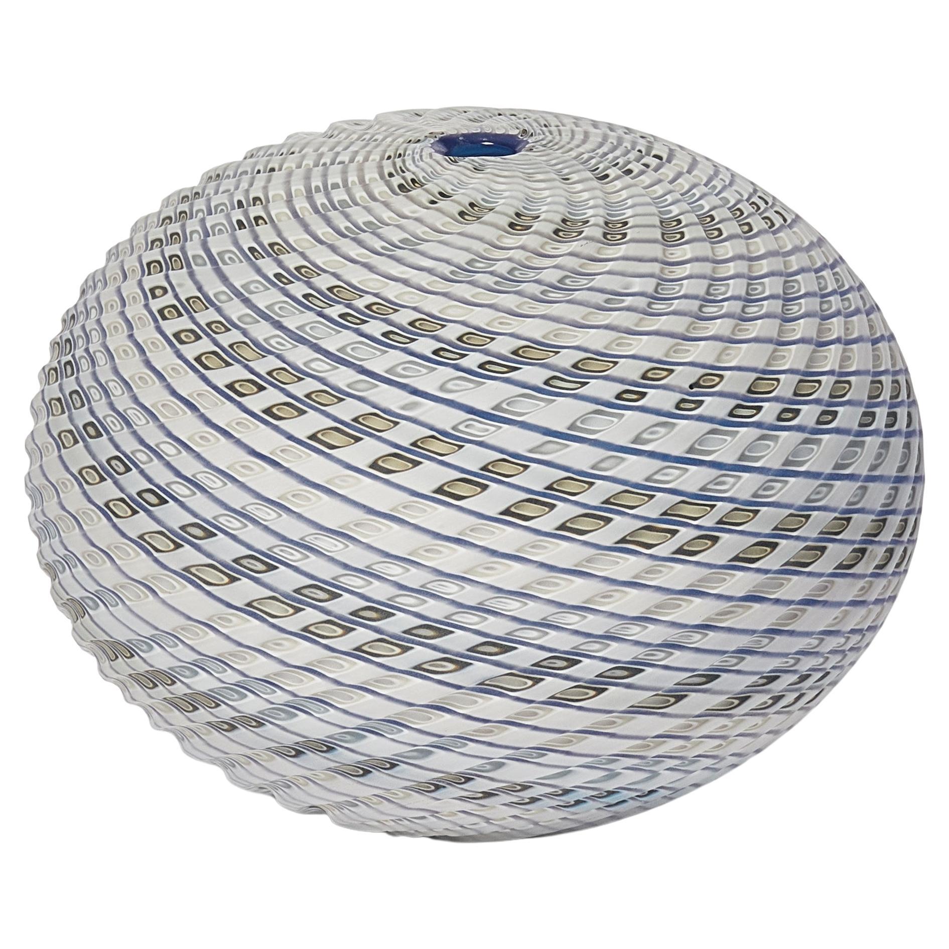 Woven Three Tone Blue Round, textured glass sculptural object by Layne Rowe For Sale