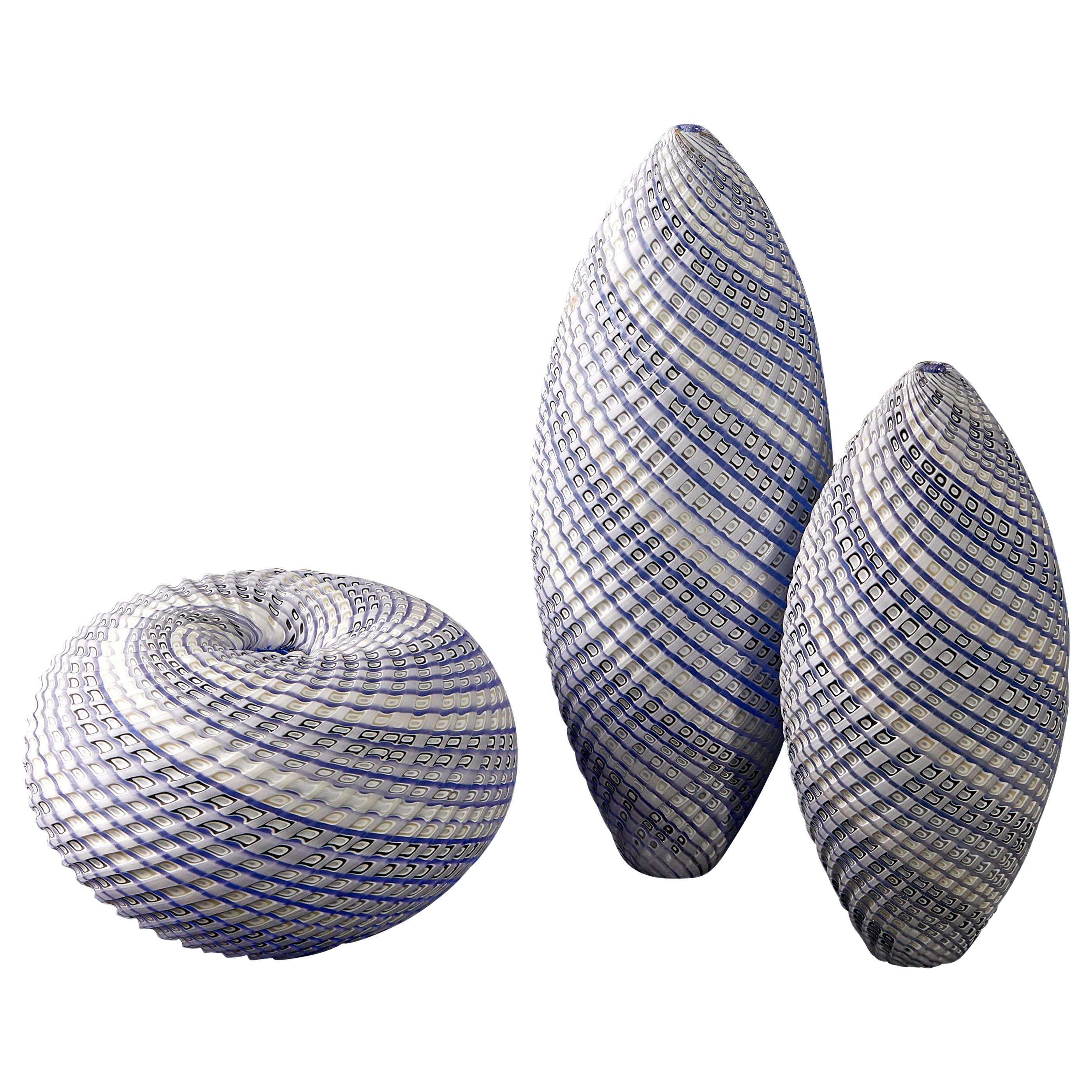 Woven Three Tone Blue Trio, a Blue and White Glass Installation by Layne Rowe