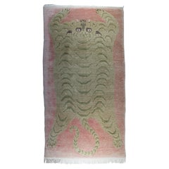 Woven Tibetan Tiger Rug handmade pink & beige Wool Mid 20th Century Tibet