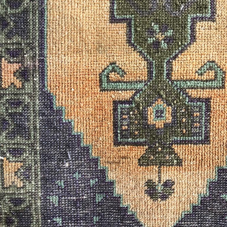 Hand Woven Turkish Purple, Pastel Pink and Peach Rug with geometric detail In Good Condition For Sale In Oklahoma City, OK