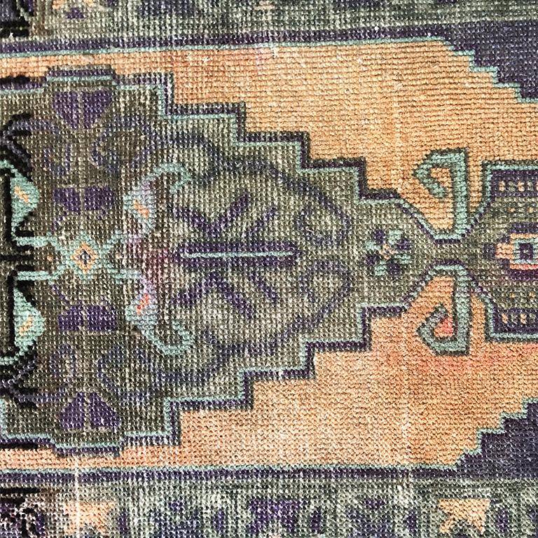 Late 20th Century Hand Woven Turkish Purple, Pastel Pink and Peach Rug with geometric detail For Sale