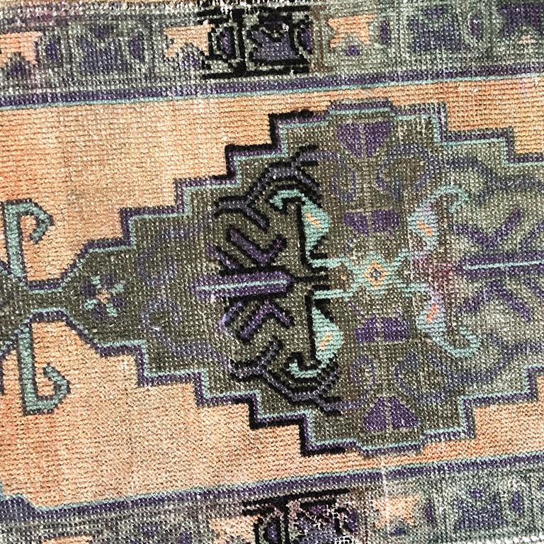 Wool Hand Woven Turkish Purple, Pastel Pink and Peach Rug with geometric detail For Sale