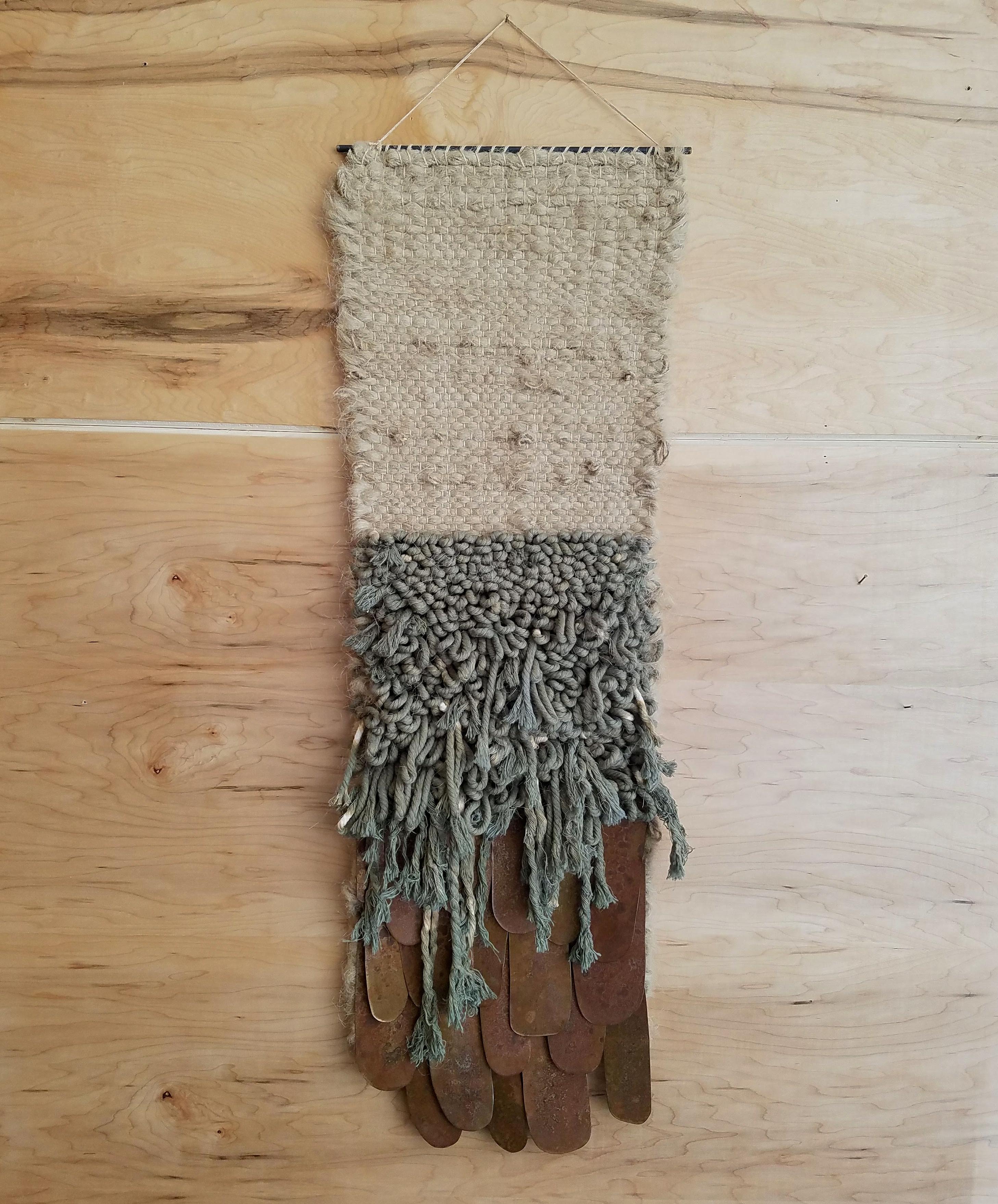 Mid-Century Modern Tan and Green Fiber Art Weaving  by All Roads For Sale