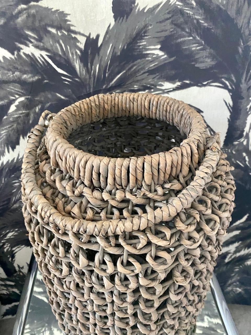 Hand-Crafted Woven Rattan Water Hyacinth Floor Lantern with Handle, Large For Sale