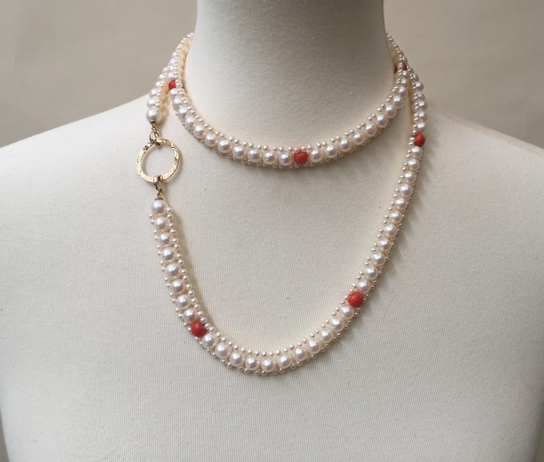 Woven White Pearl and Coral Necklace with Large Baroque Pearl, Gold and ...