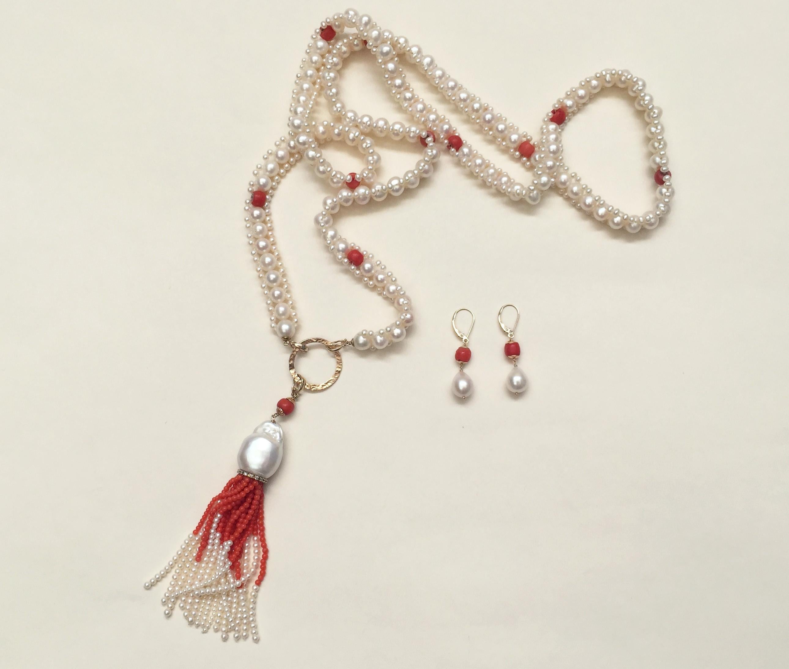 Woven White Pearl and Coral Necklace with Large Baroque Pearl, Gold and Diamonds 3