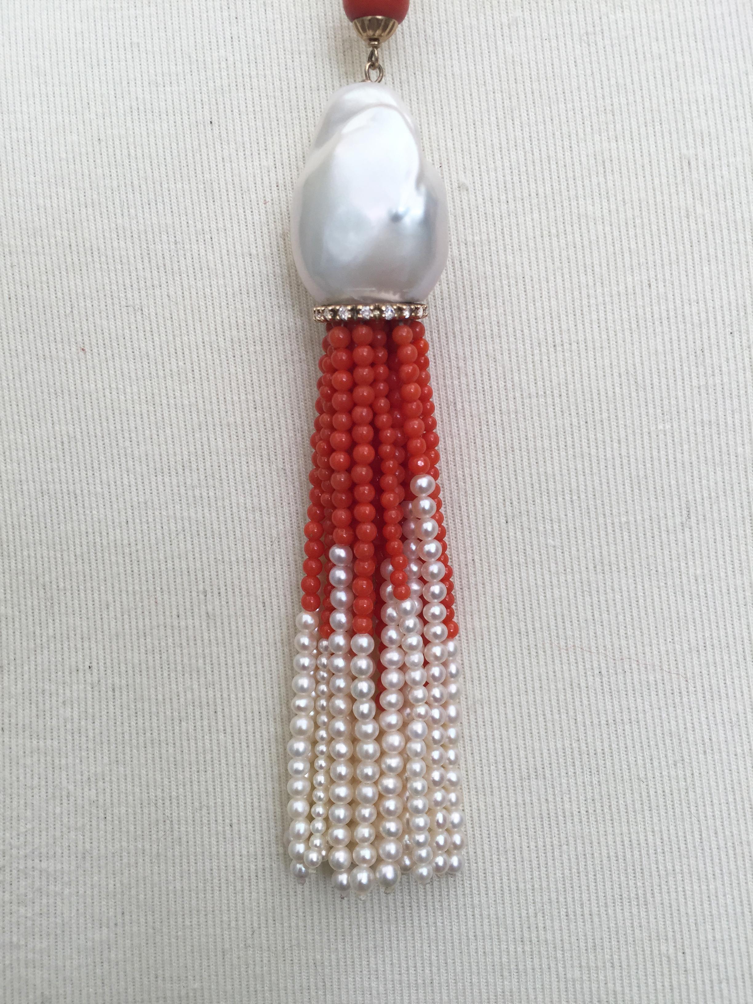 Artist Woven White Pearl and Coral Necklace with Large Baroque Pearl, Gold and Diamonds