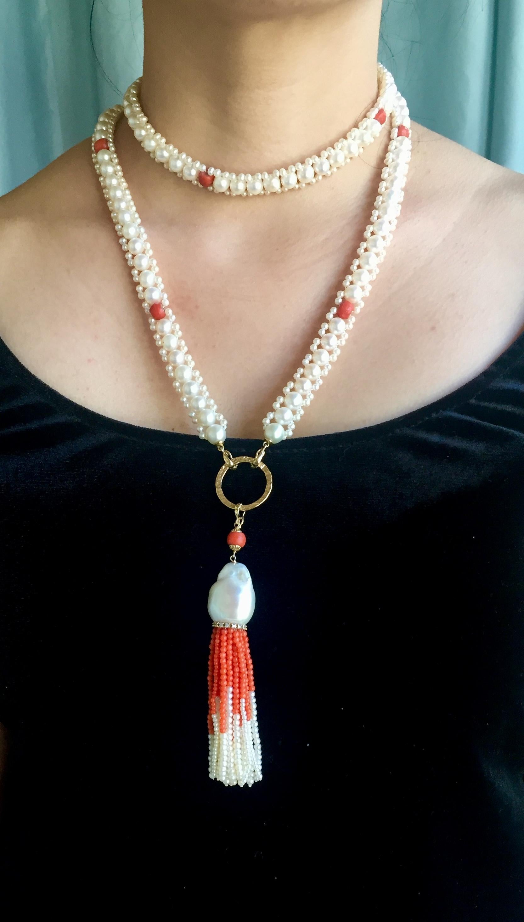 Artist Marina J Pearl & Coral Woven Necklace with Large Baroque Pearl, Gold, Diamonds