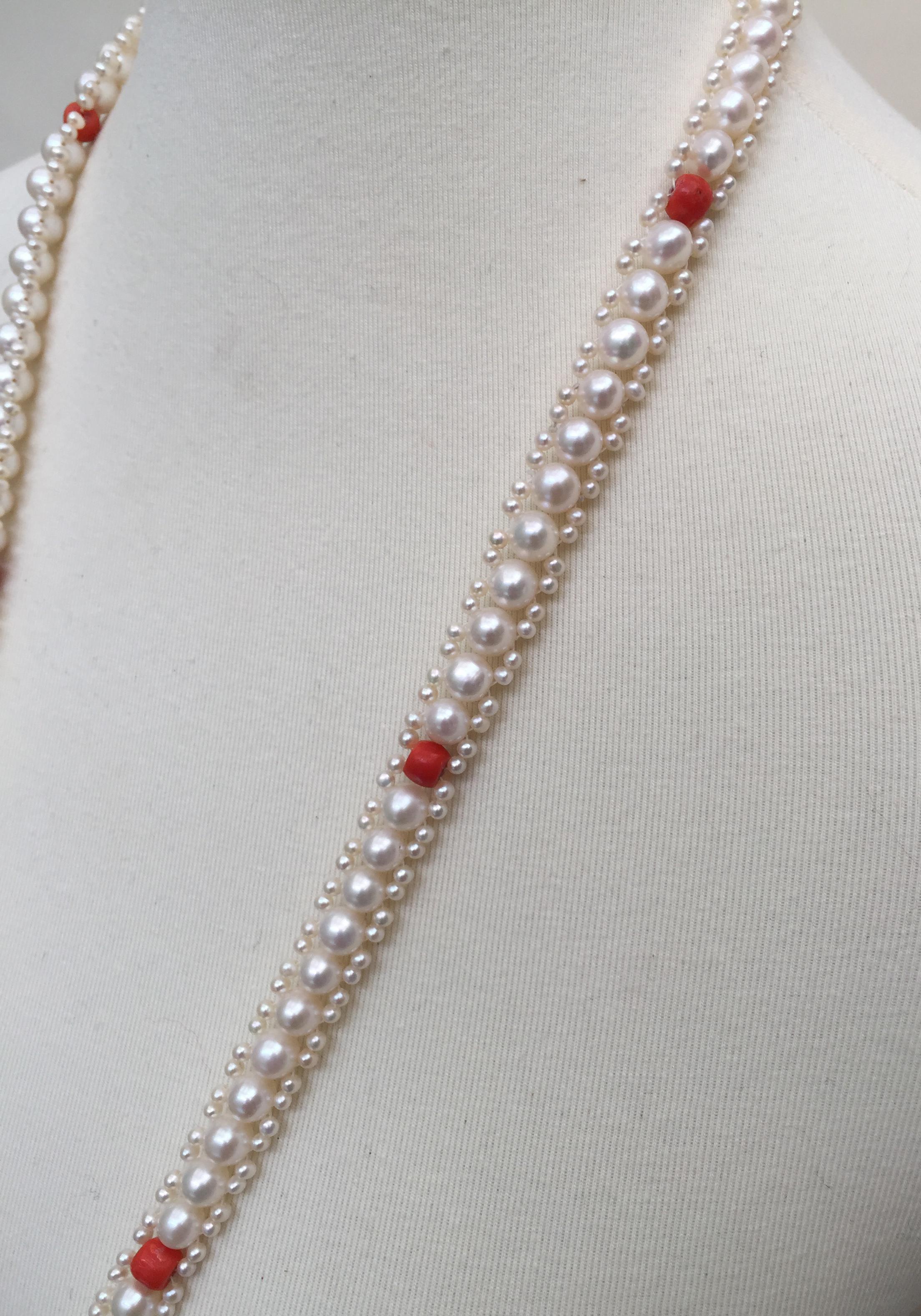 Women's Woven White Pearl and Coral Necklace with Large Baroque Pearl, Gold and Diamonds