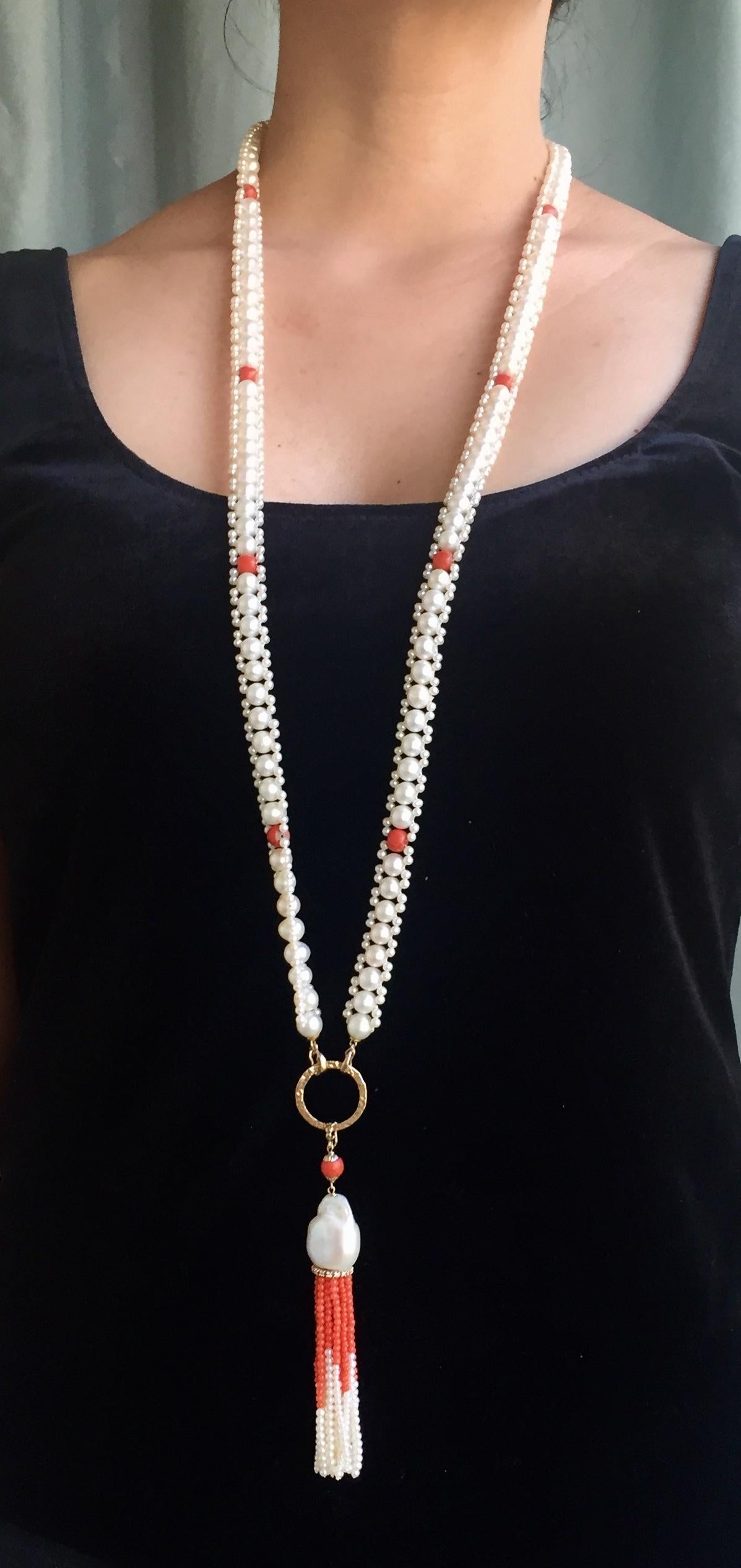 Marina J Pearl & Coral Woven Necklace with Large Baroque Pearl, Gold, Diamonds In New Condition In Los Angeles, CA