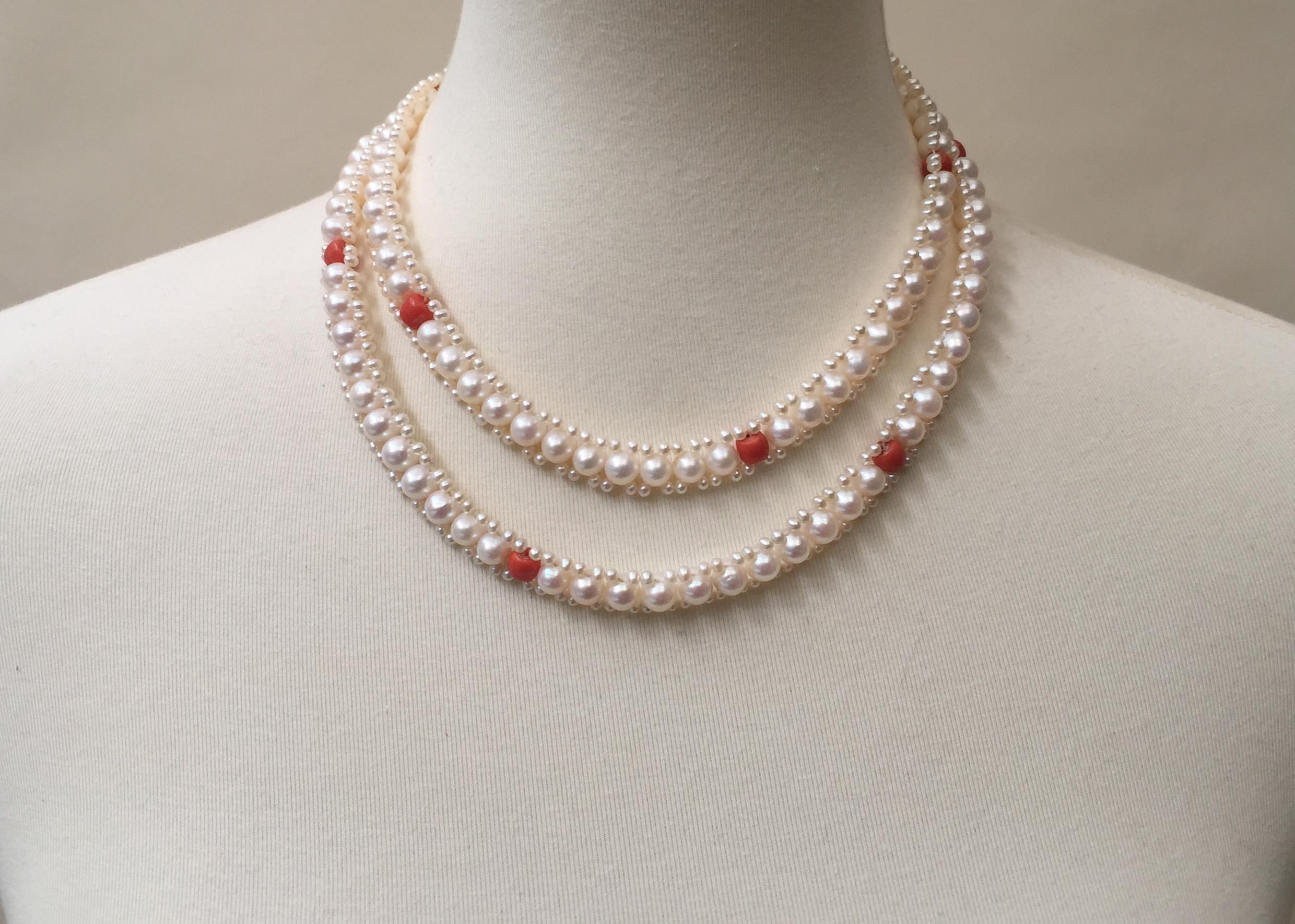 Woven White Pearl and Coral Necklace with Large Baroque Pearl, Gold and Diamonds 2